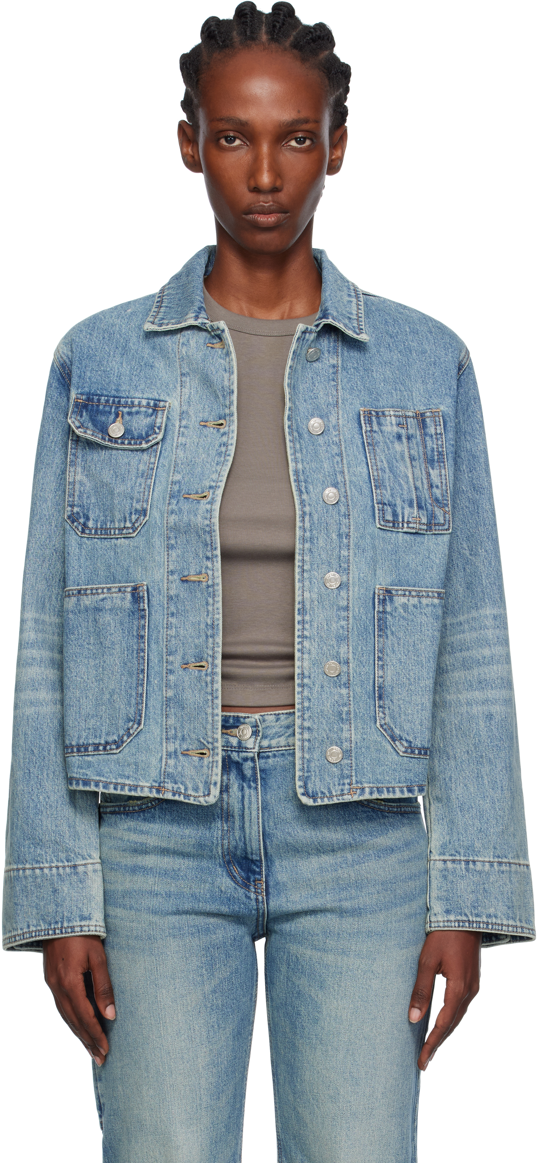 Open Yy Blue Denim Trucker Jacket In Blue