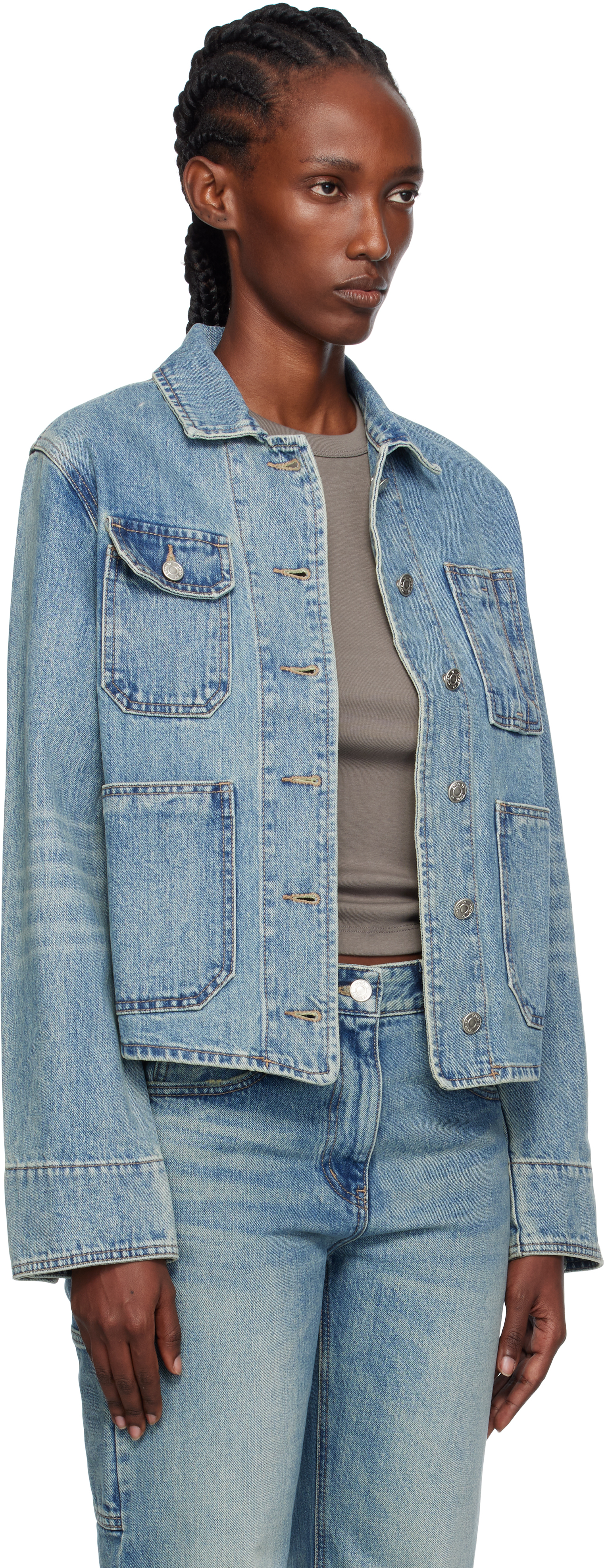 Open Yy Blue Denim Trucker Jacket In Blue