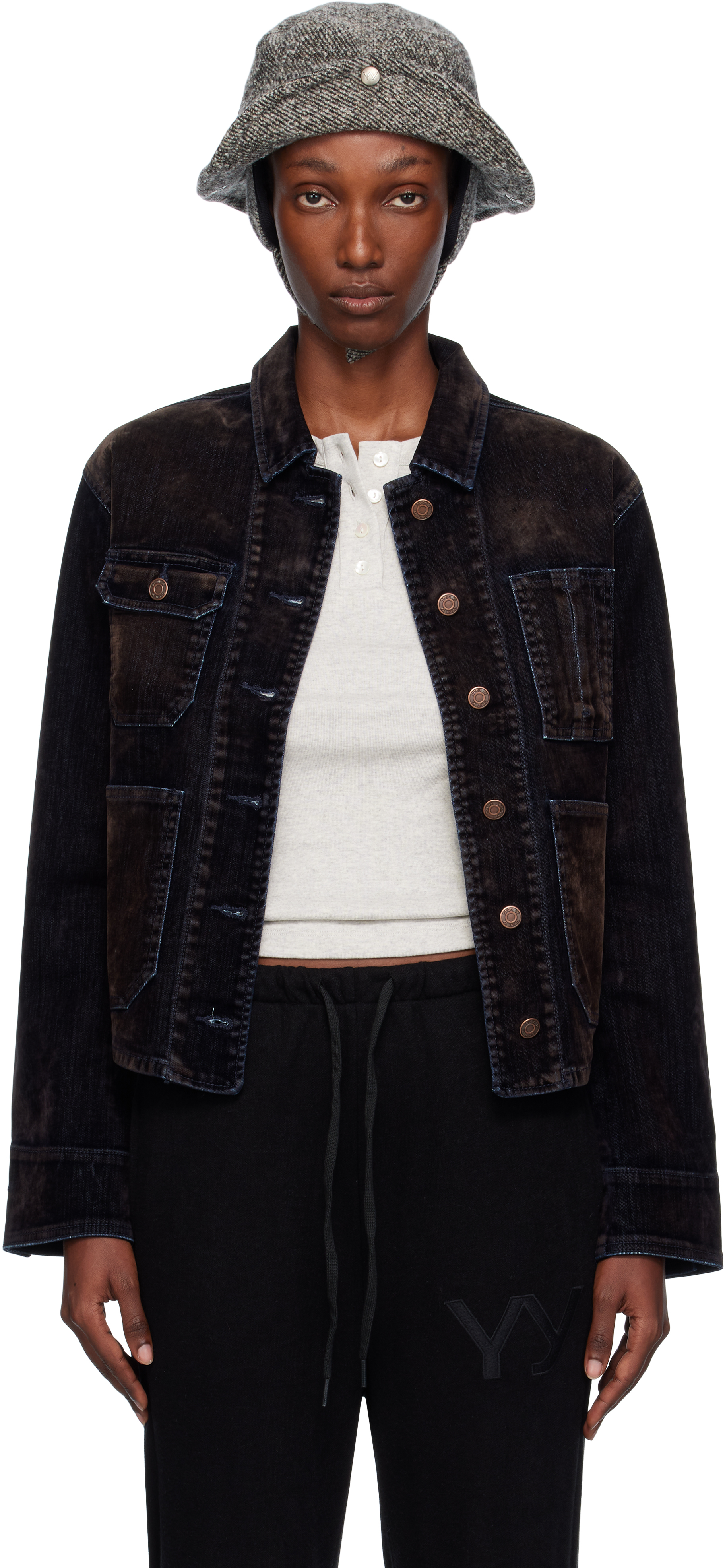 Open Yy Velvet Denim Trucker Jacket In Black