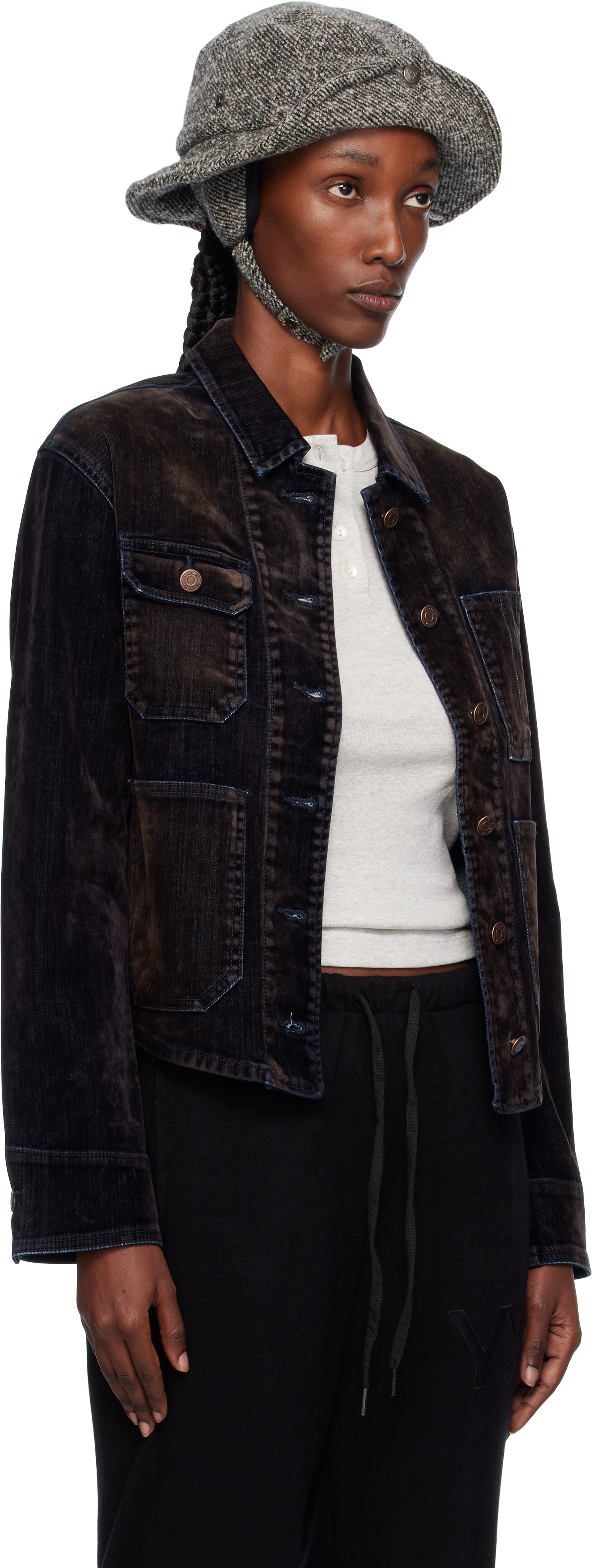 Open Yy Velvet Denim Trucker Jacket In Black