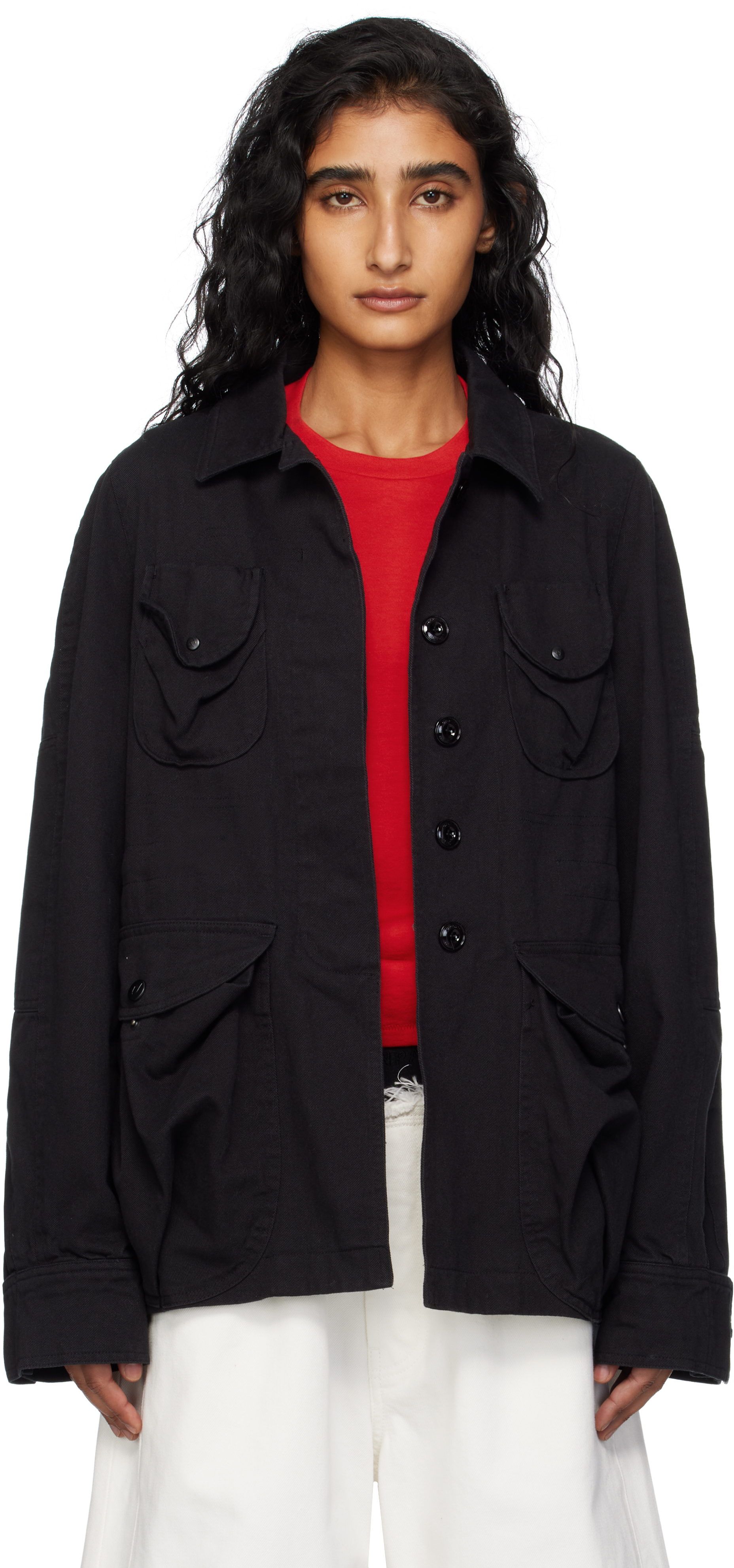 Open Yy Multi-pocket Safari Denim Jacket In Black