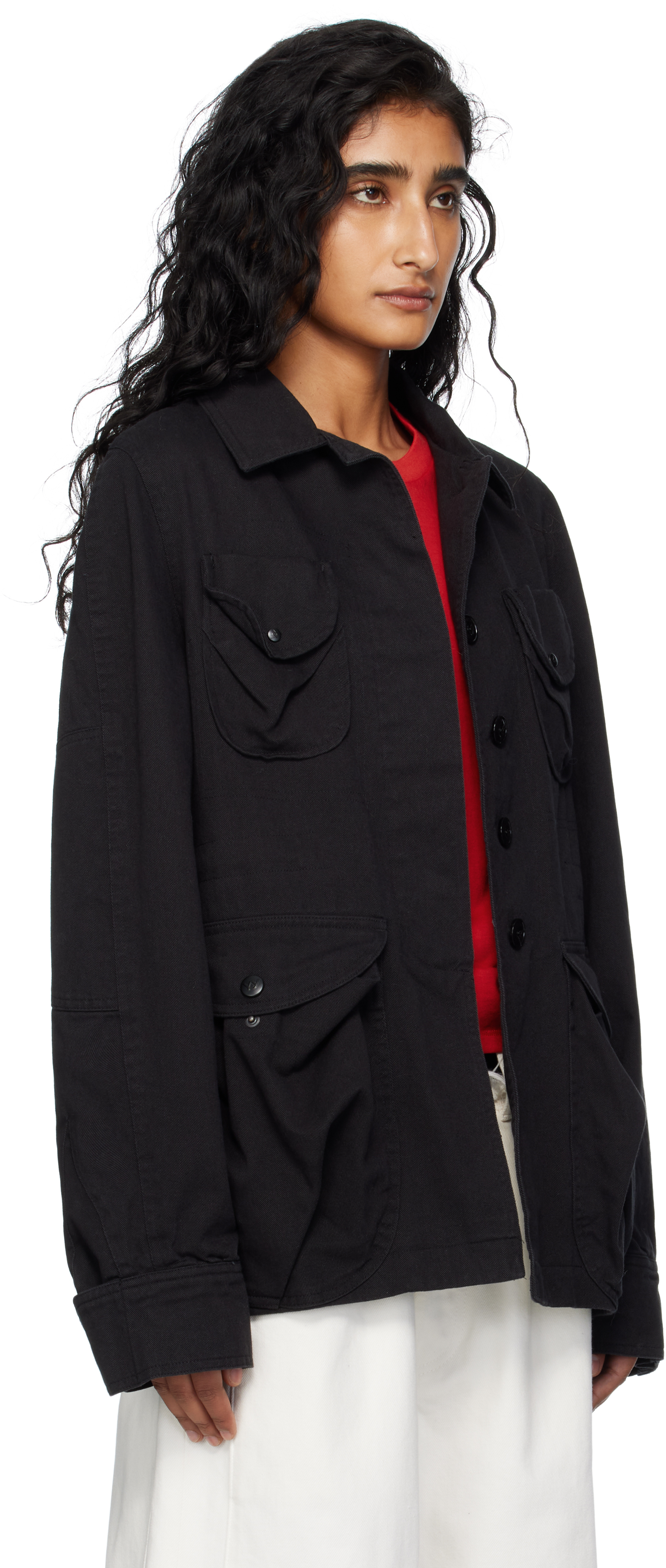 Open Yy Multi-pocket Safari Denim Jacket In Black