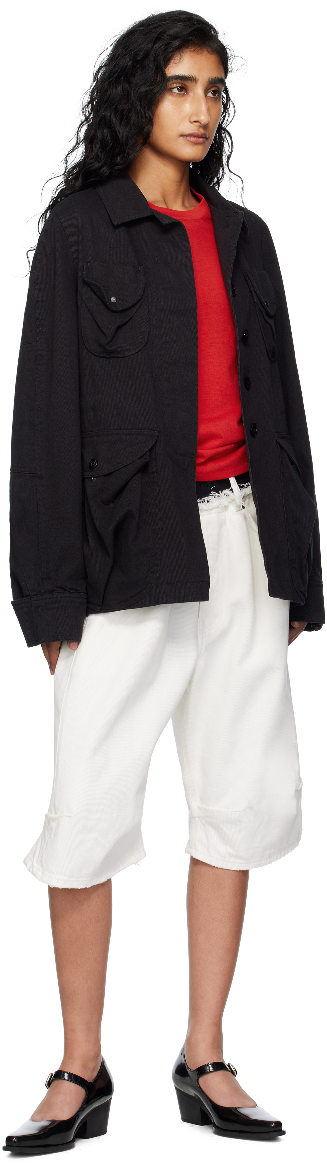 Open Yy Multi-pocket Safari Denim Jacket In Black