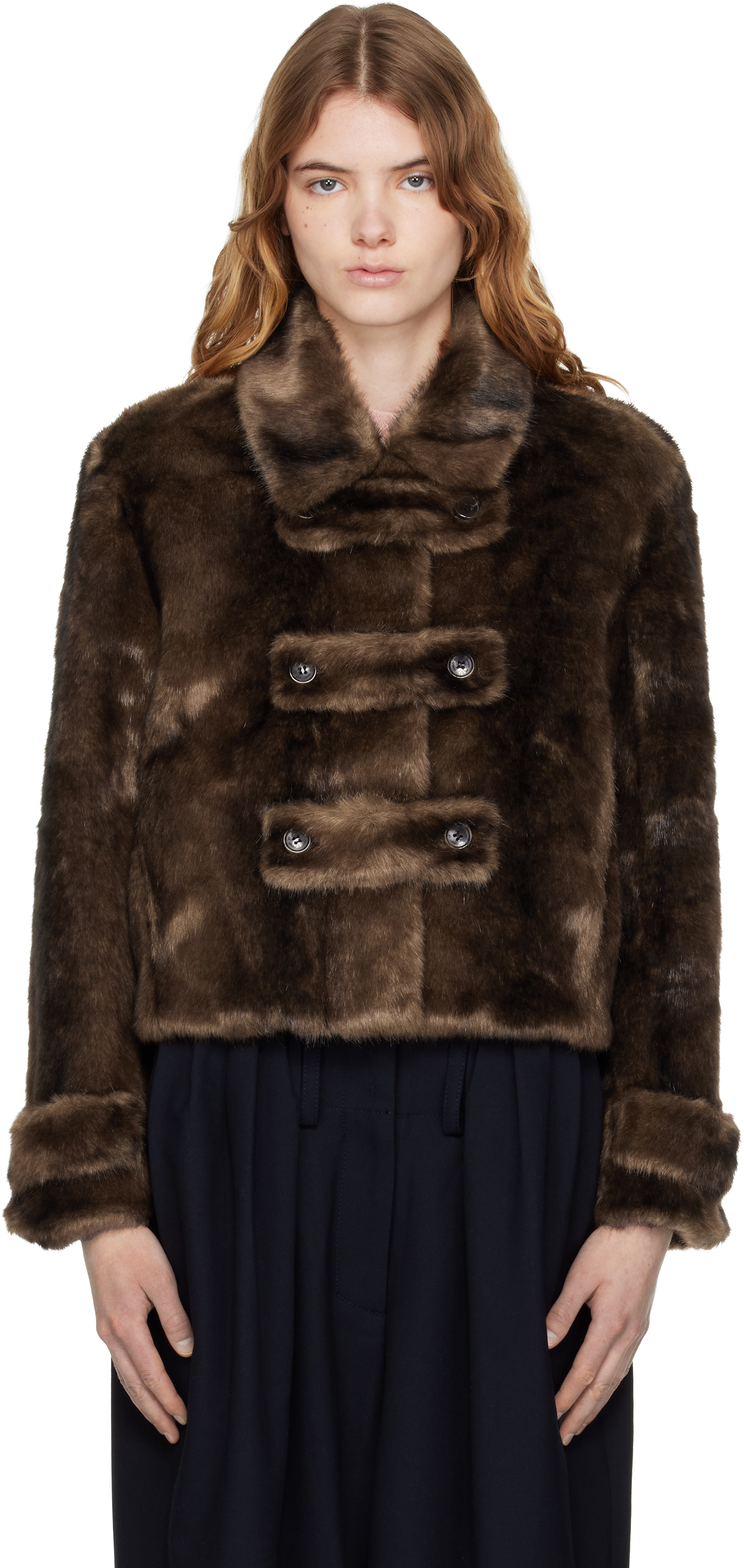Brown Faux Fur Tab Toggle Jacket by OPEN YY on Sale