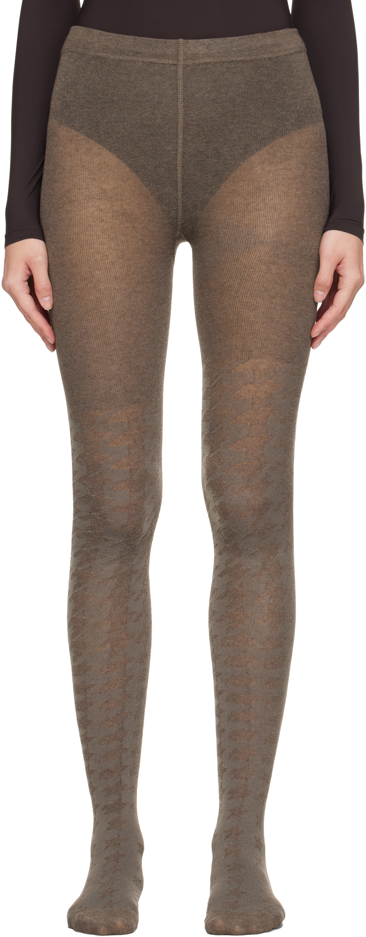 Open Yy Gray Hound's Tooth Star Tights In Brown