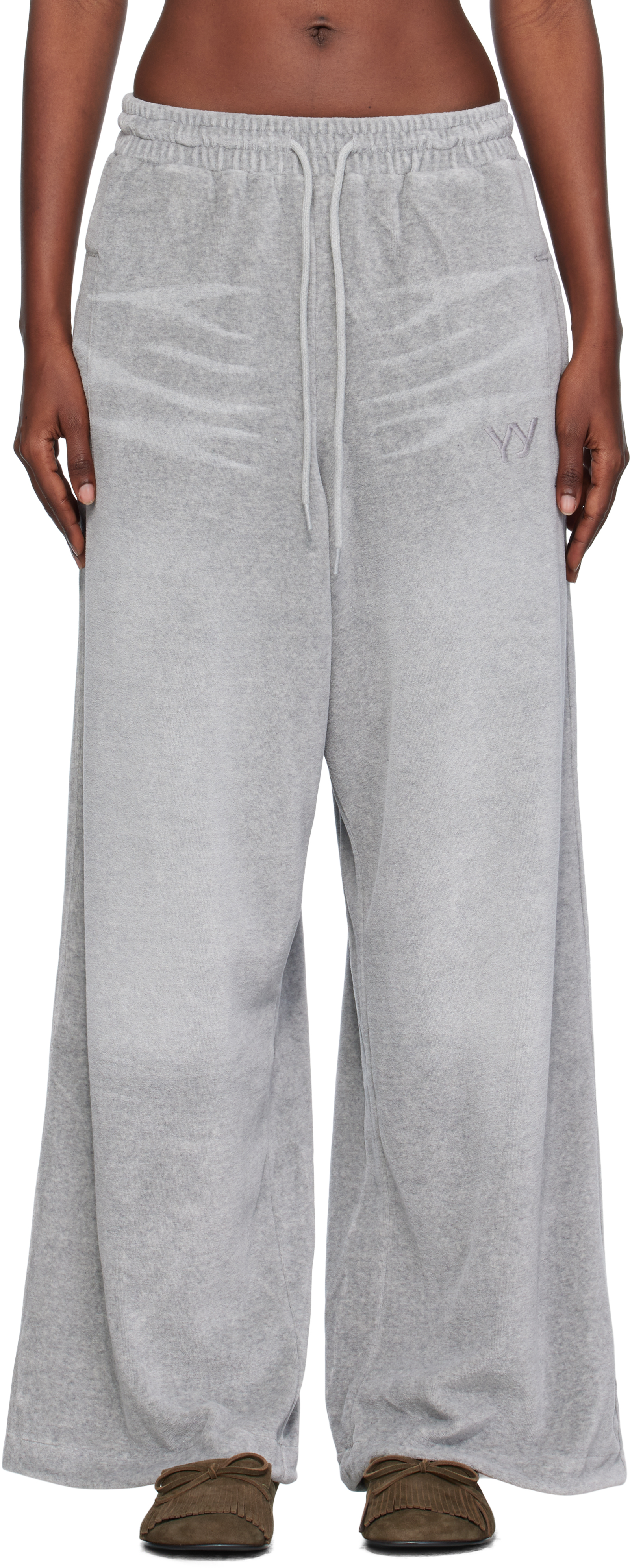Open Yy Gray Velour Wide Lounge Pants In White