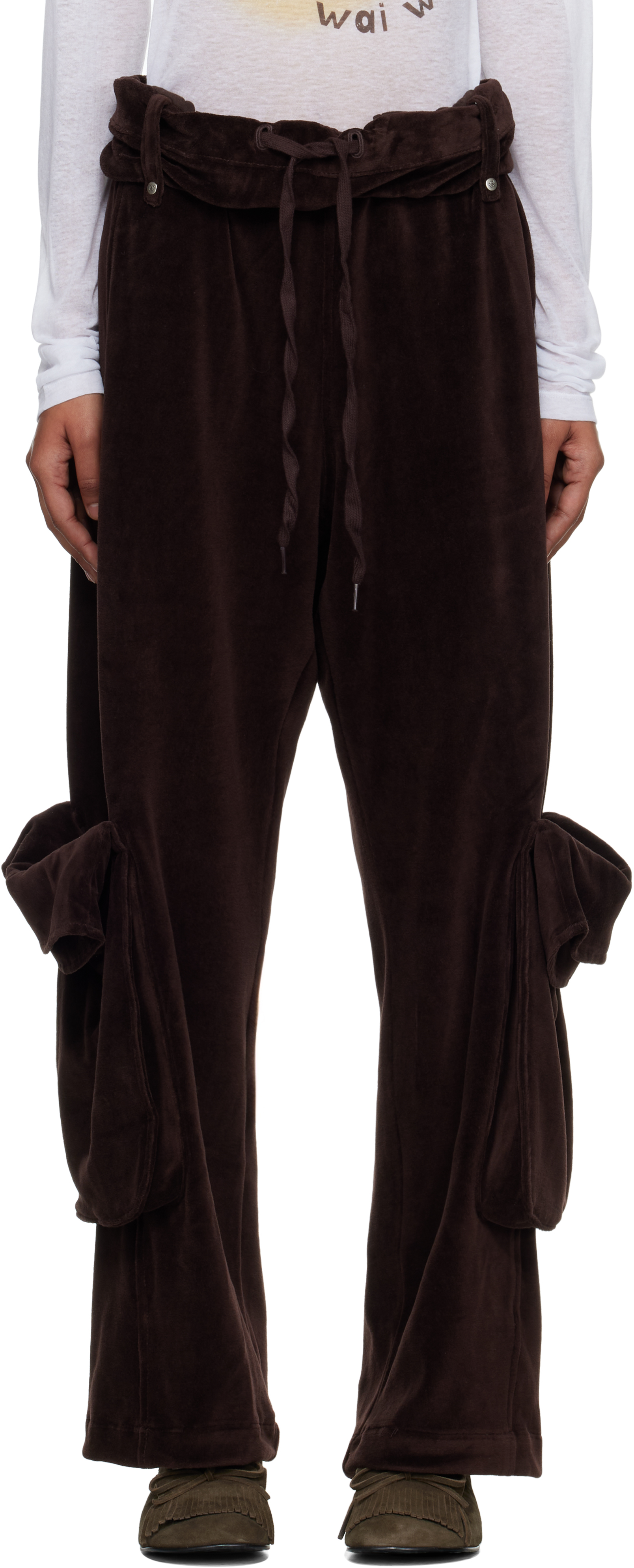Open Yy Brown Rolled Waist Velour Cargo Pants