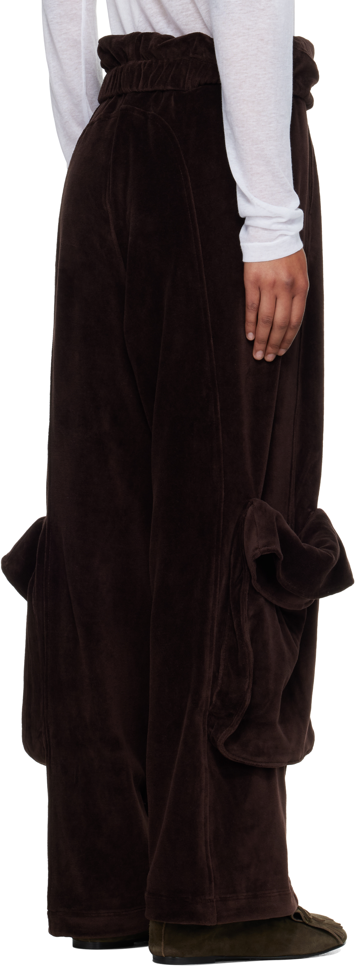 Open Yy Brown Rolled Waist Velour Cargo Pants In Brown