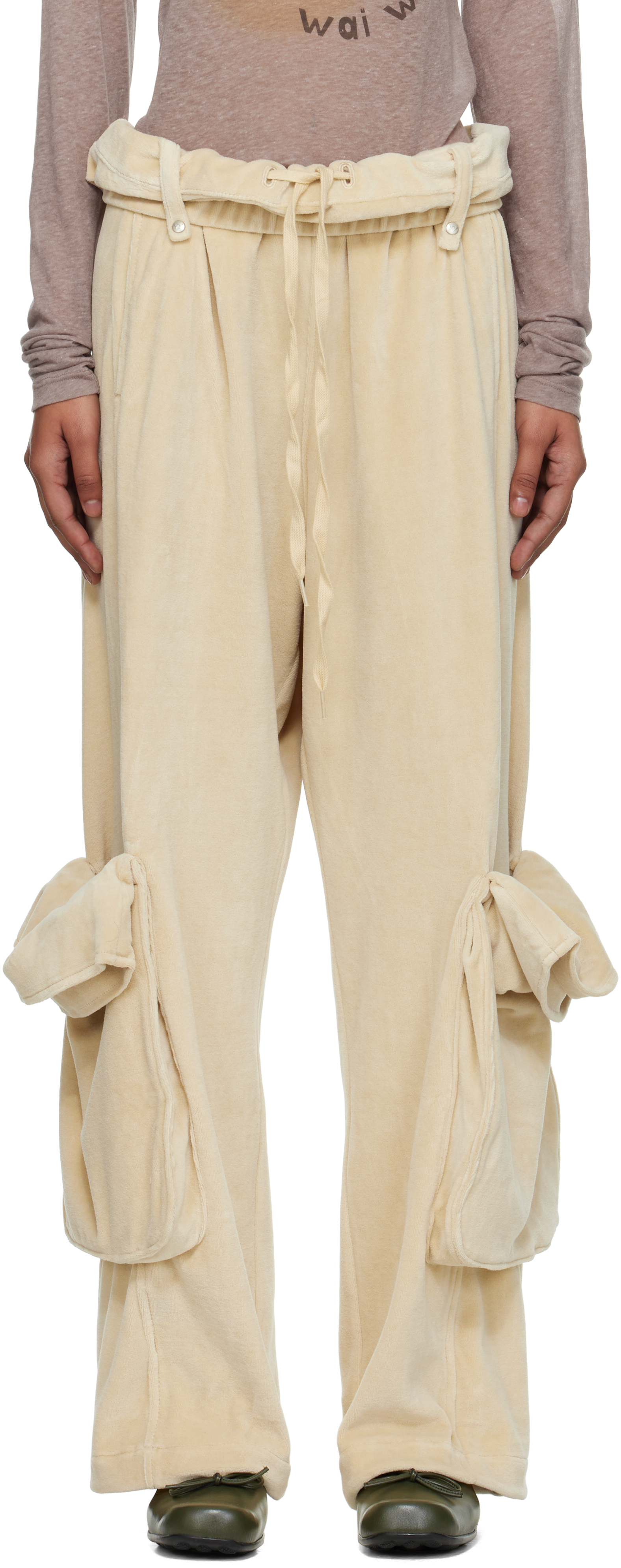 Open Yy Beige Rolled Waist Velour Cargo Pants In White