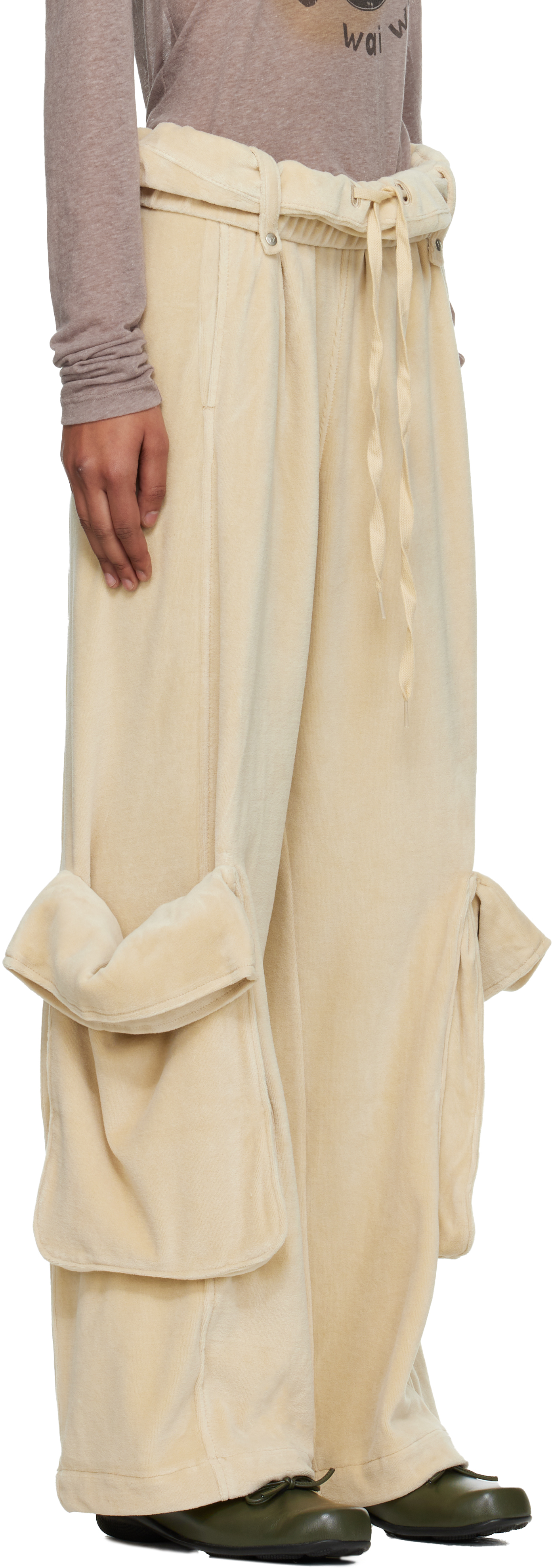 Open Yy Beige Rolled Waist Velour Cargo Pants In White