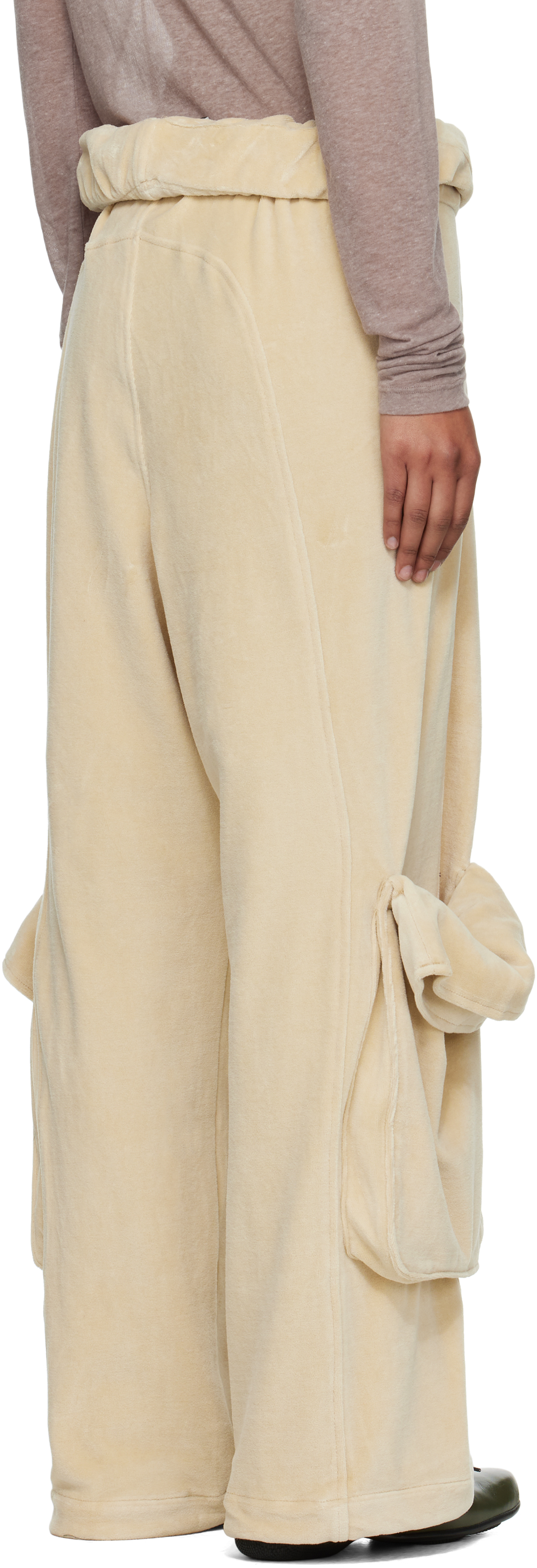 Open Yy Beige Rolled Waist Velour Cargo Pants In White