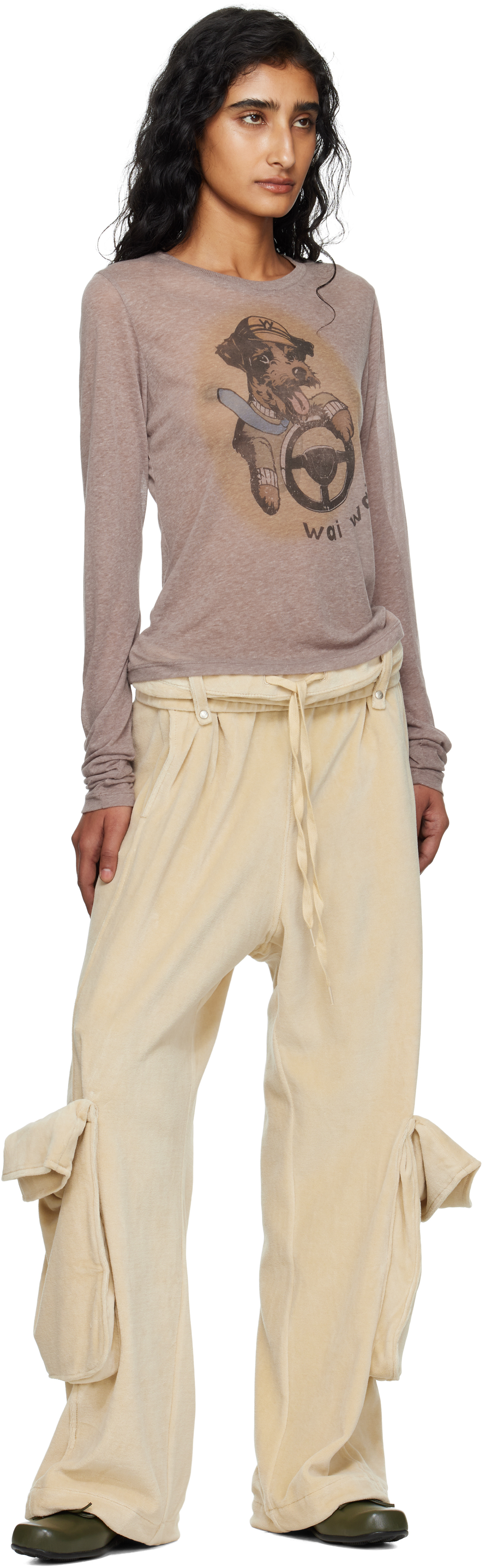 Open Yy Beige Rolled Waist Velour Cargo Pants In White