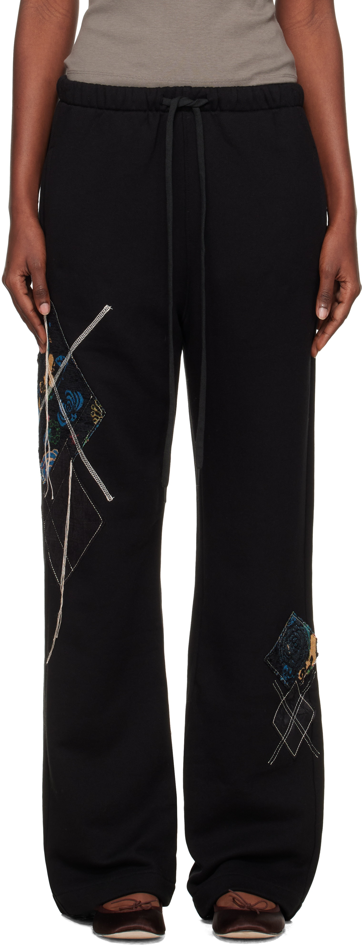Open Yy Black Argyle Patched Lounge Pants In Black