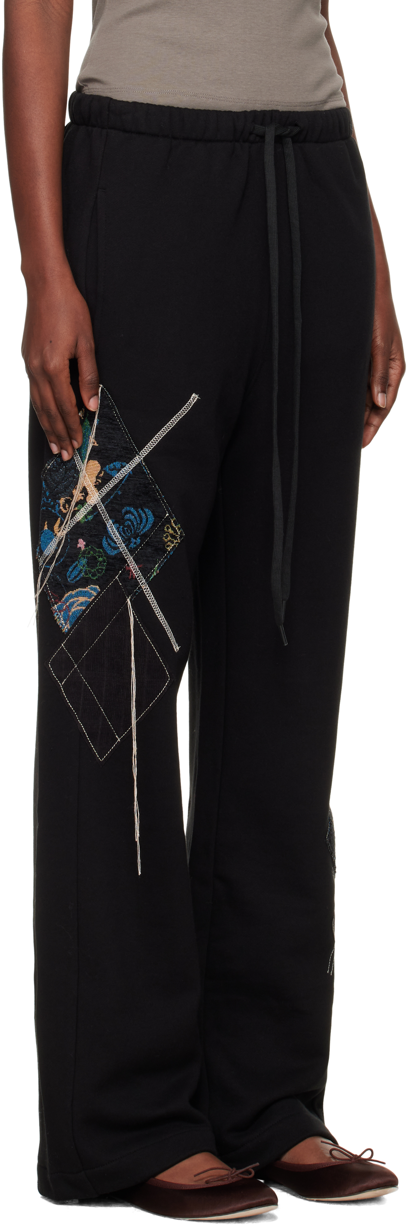 Open Yy Black Argyle Patched Lounge Pants In Black