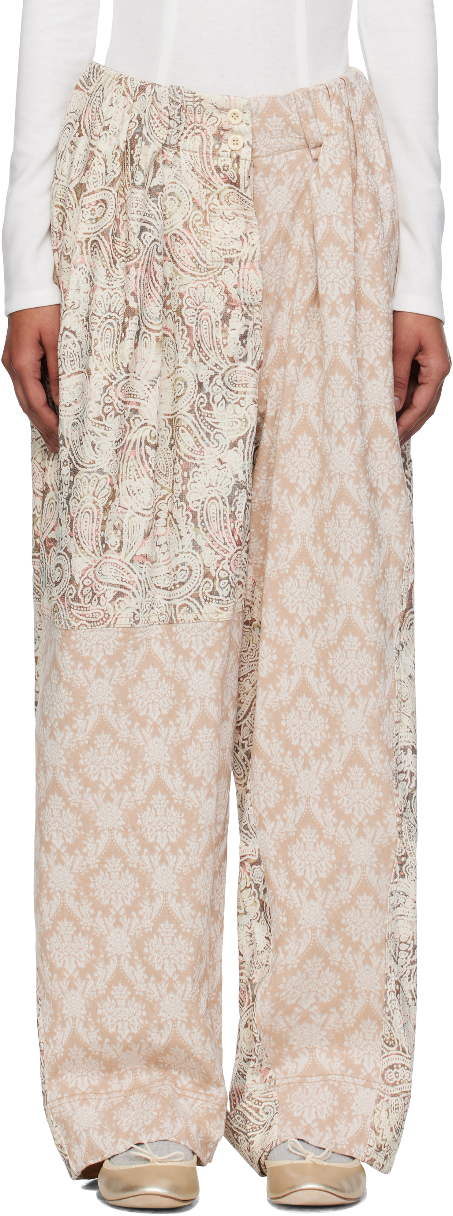Open Yy Beige Paisley Full Gather Trousers In Sand
