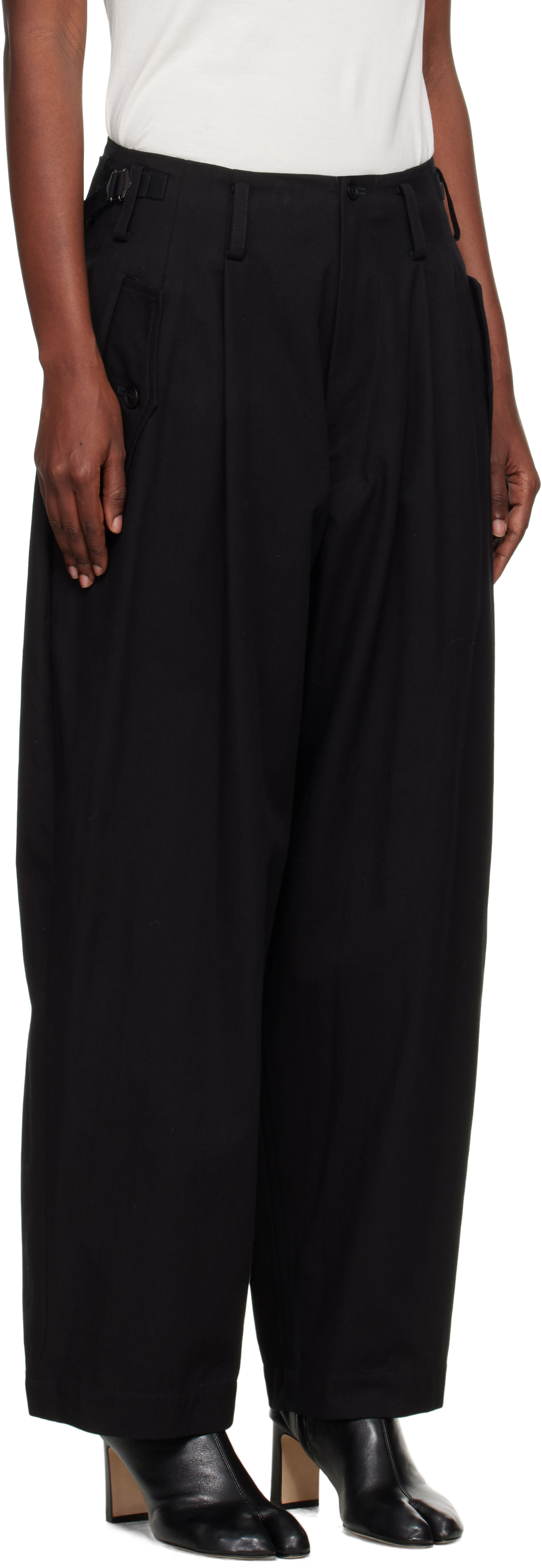 Y's Black U-double Tuck Wide Trousers In Multi