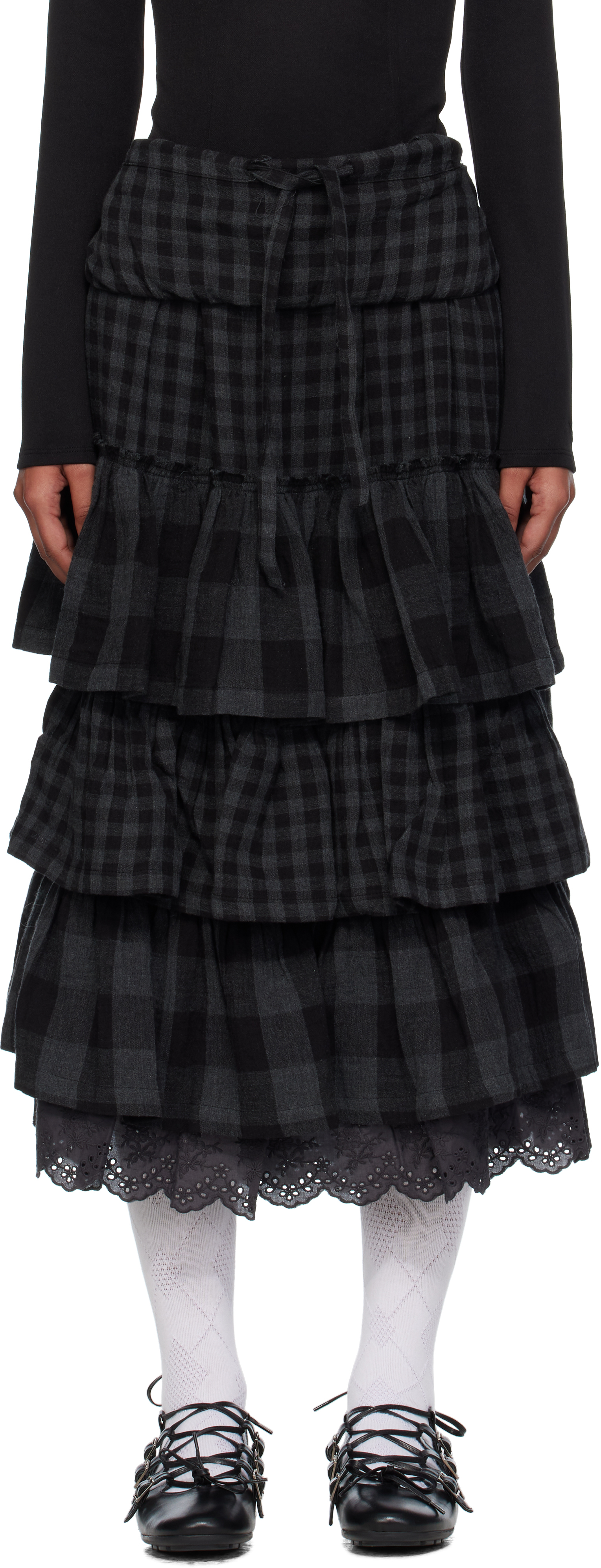 Open Yy Black Rolled Waist Tiered Midi Skirt