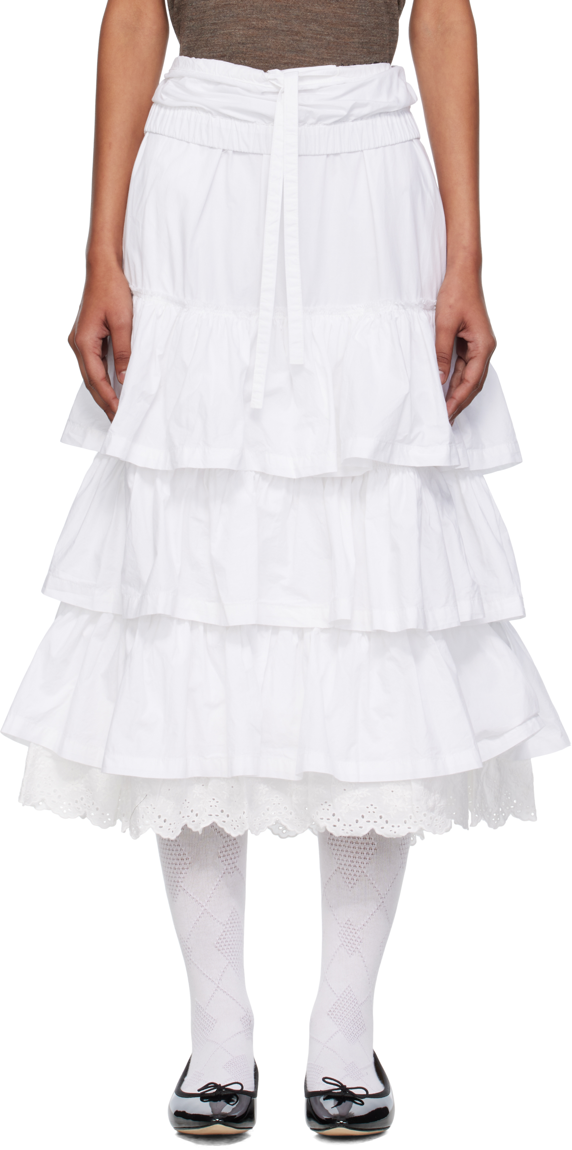 Open Yy White Rolled Waist Tiered Midi Skirt