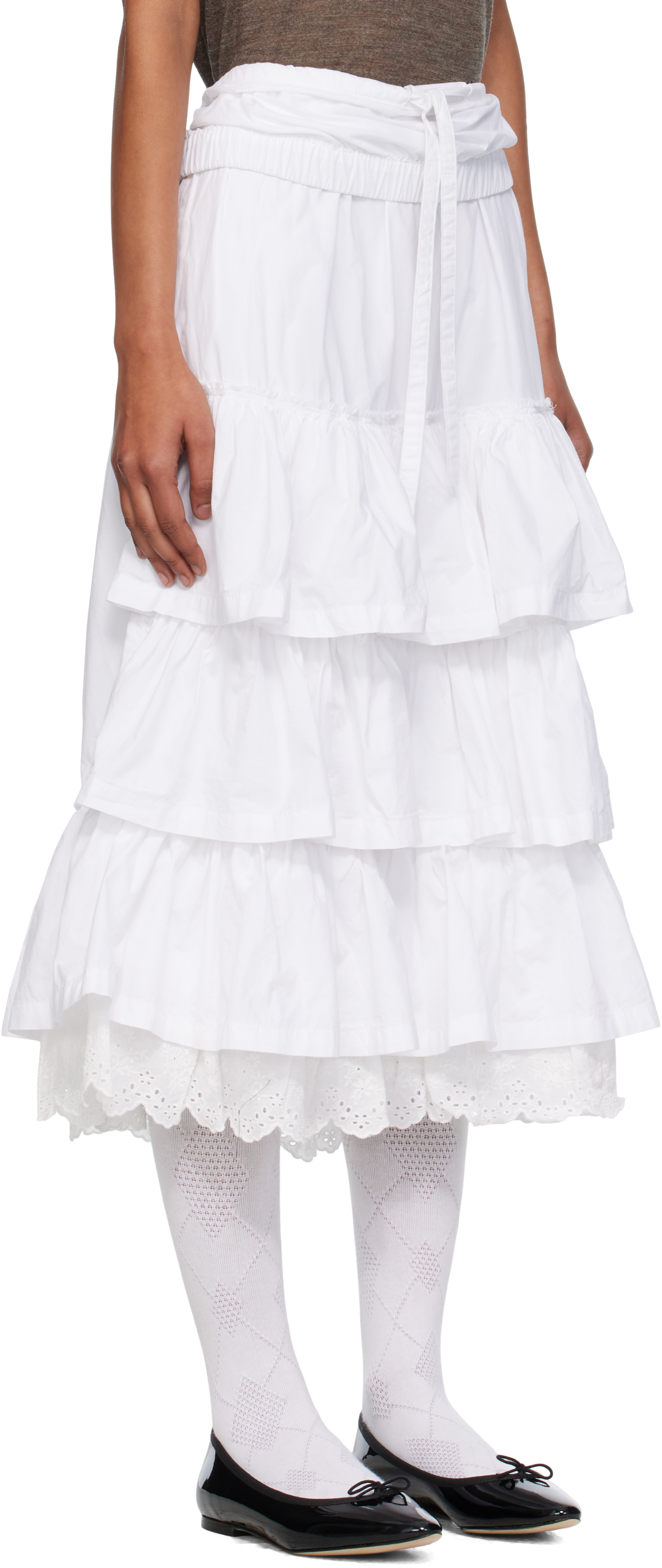 Open Yy White Rolled Waist Tiered Midi Skirt In White