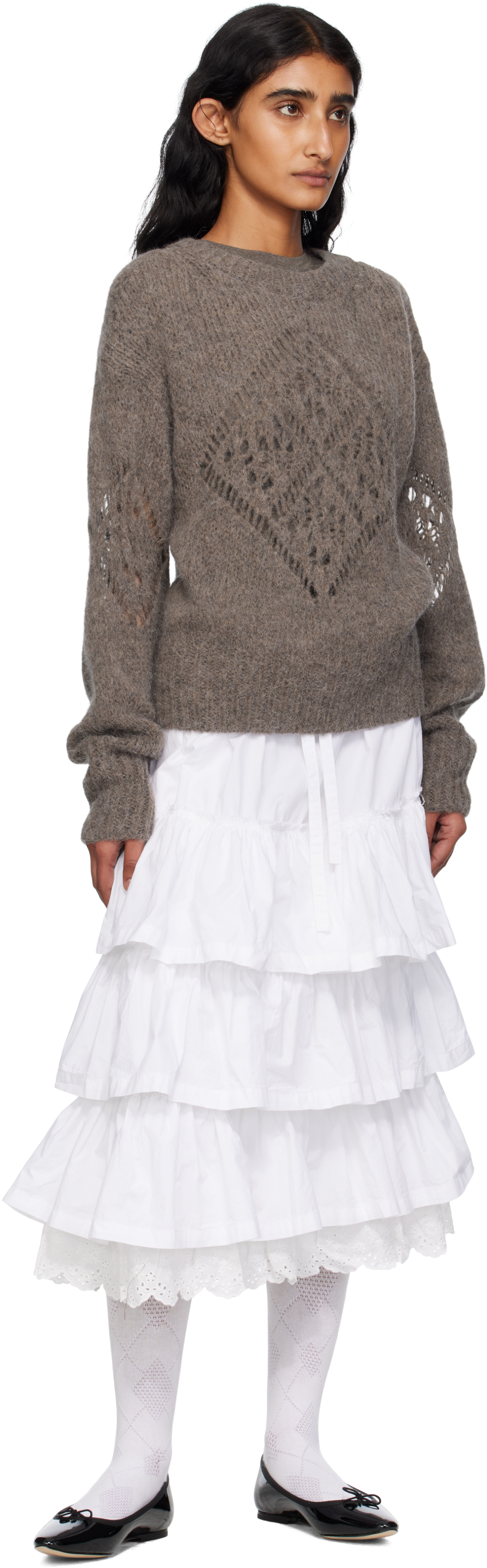Open Yy White Rolled Waist Tiered Midi Skirt In White