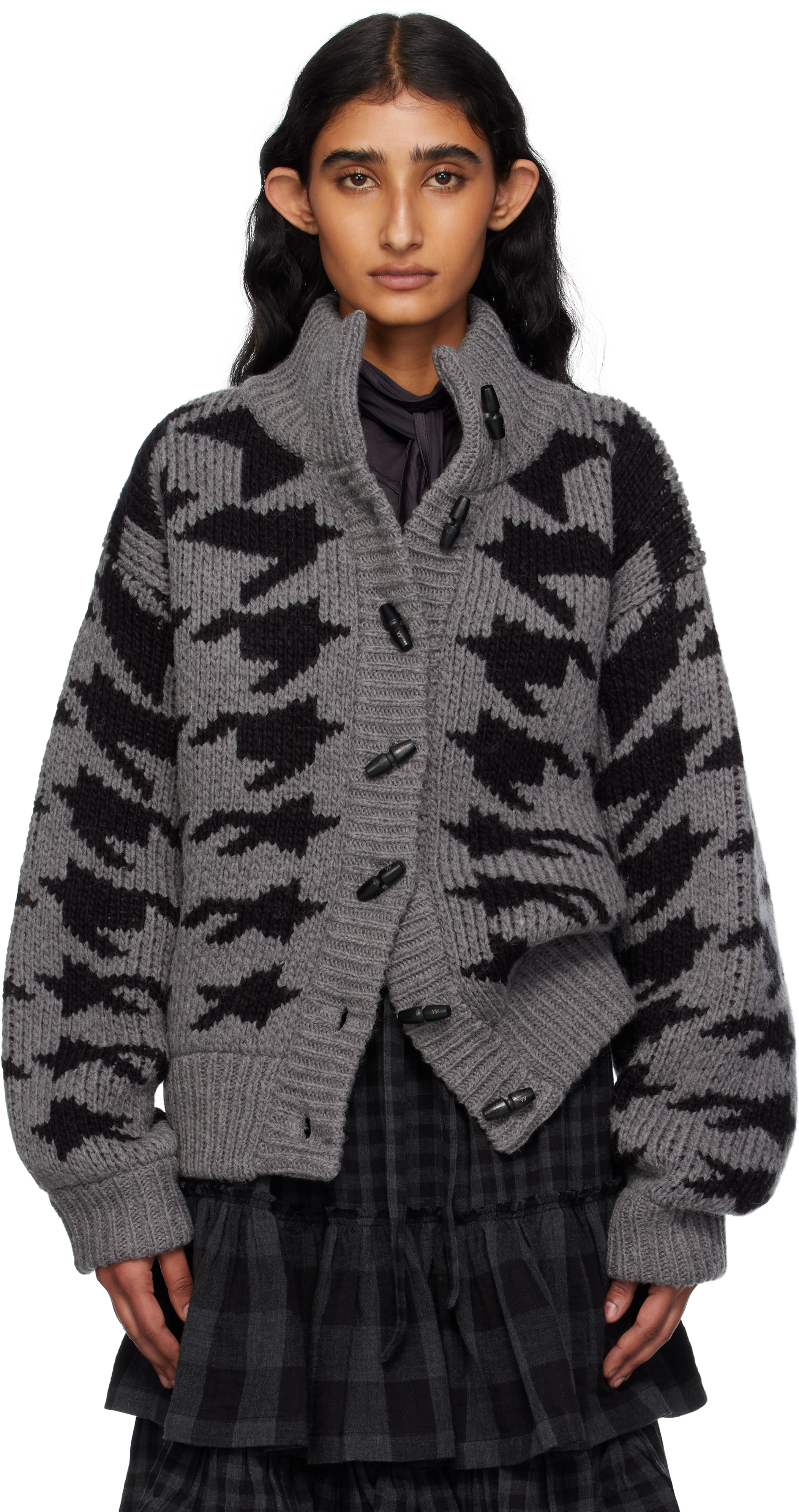 Open Yy Gray Hound's Tooth Star Cowichan Cardigan