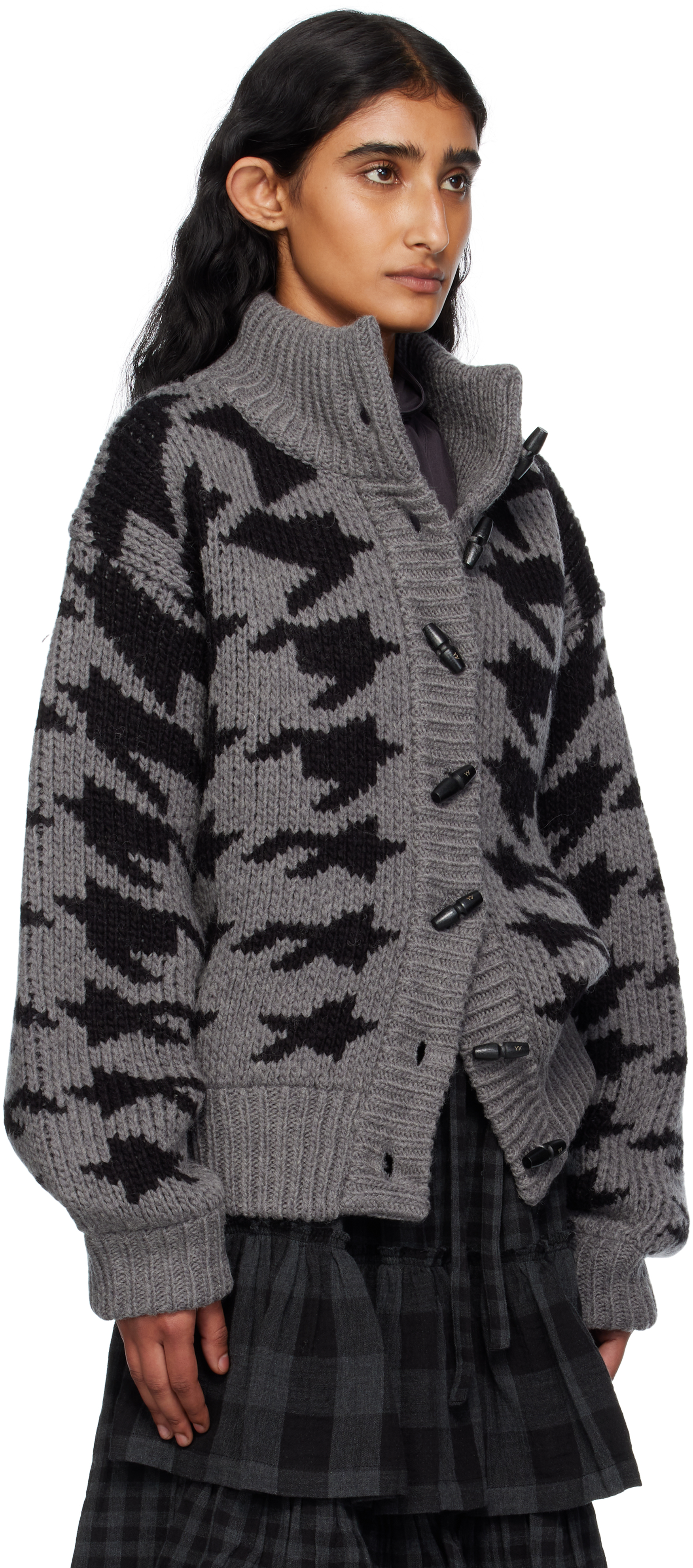 Open Yy Gray Hound's Tooth Star Cowichan Cardigan In Gray