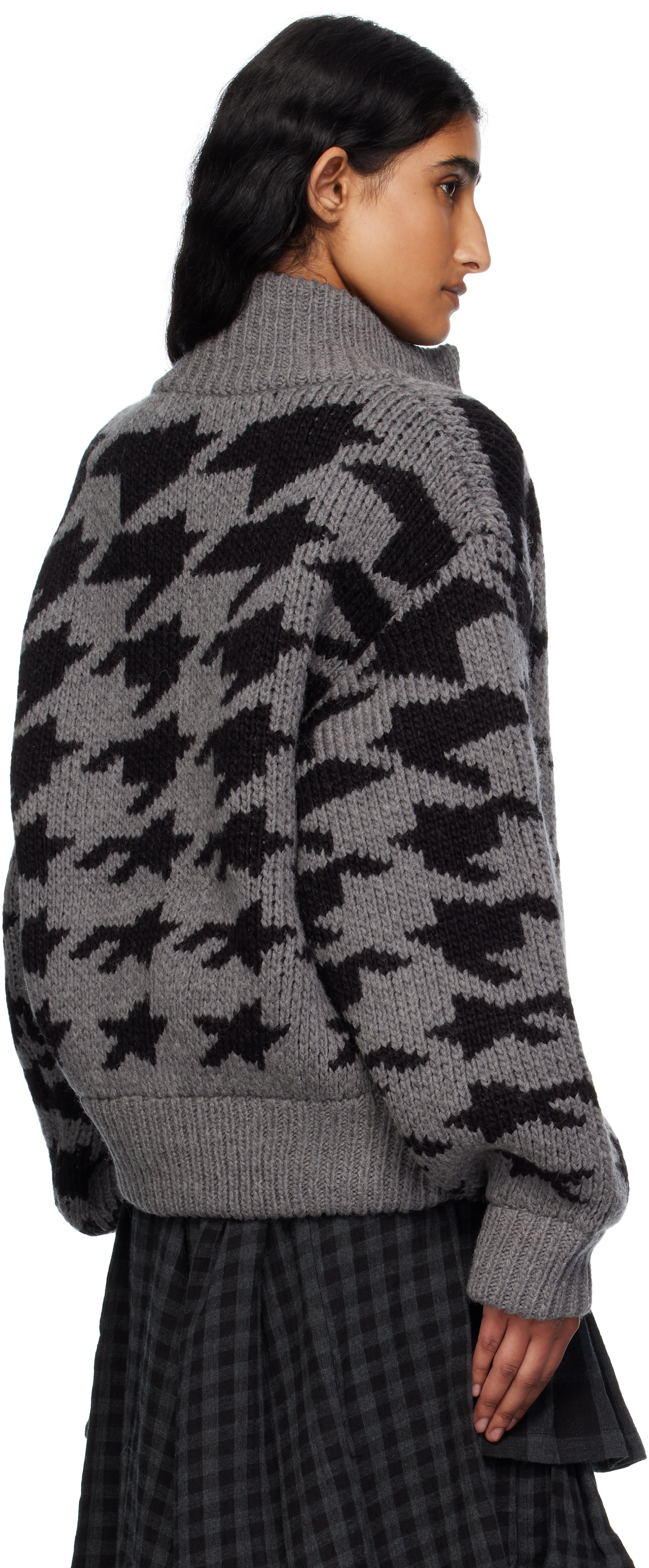 Open Yy Gray Hound's Tooth Star Cowichan Cardigan In Gray