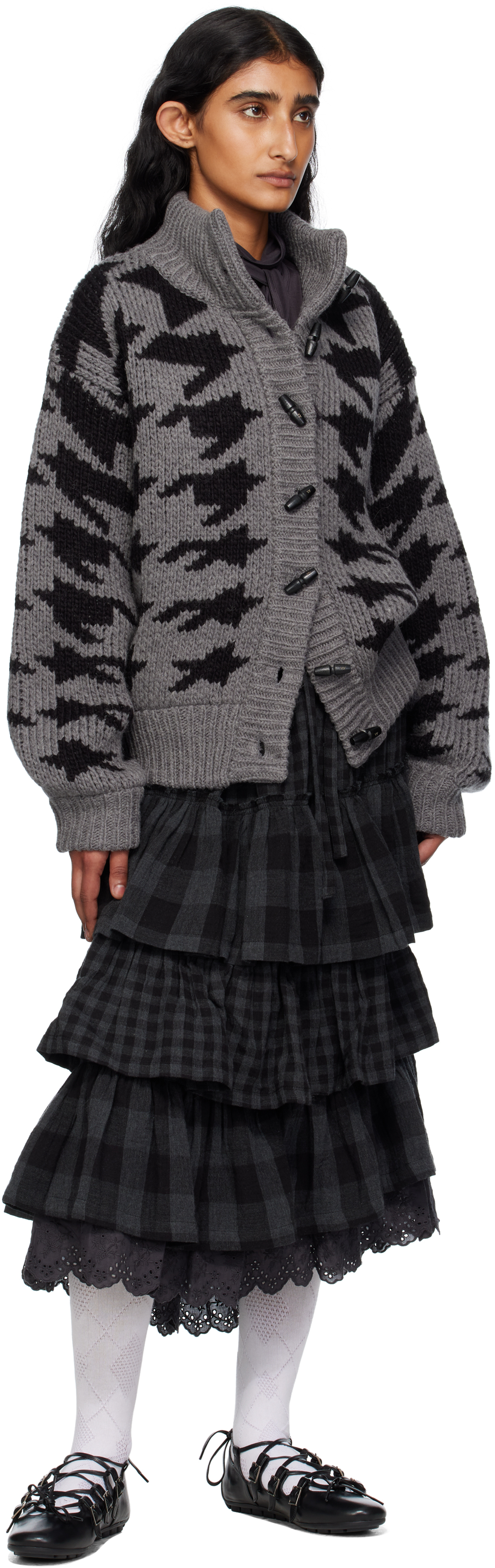 Open Yy Gray Hound's Tooth Star Cowichan Cardigan In Gray