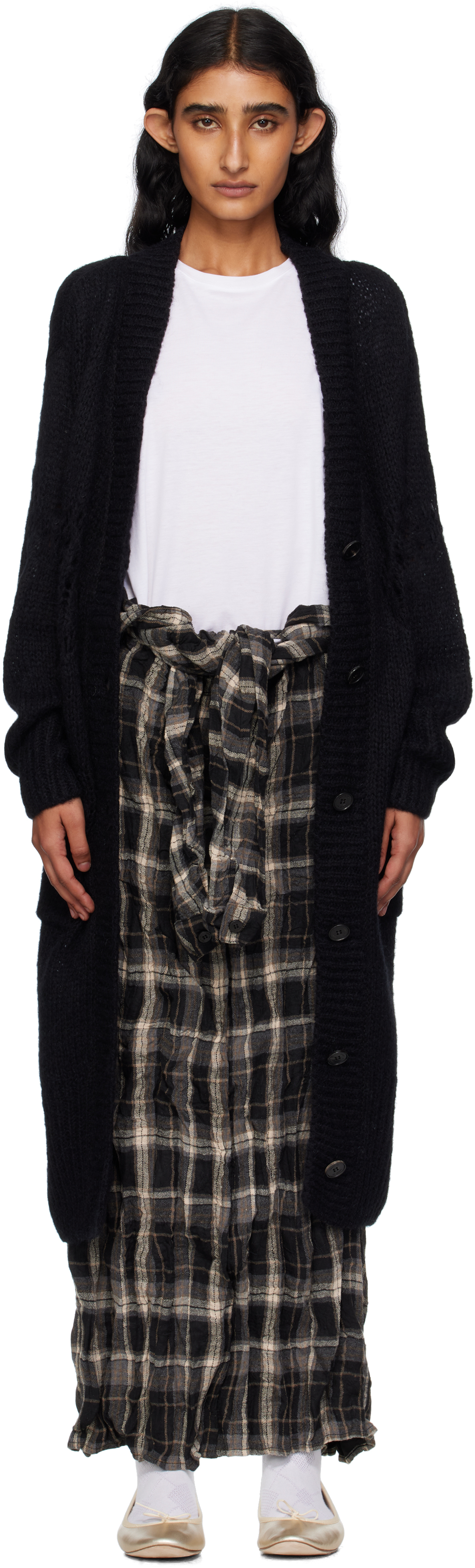 Open Yy Black Alpaca Argyle Pointelle Long Cardigan