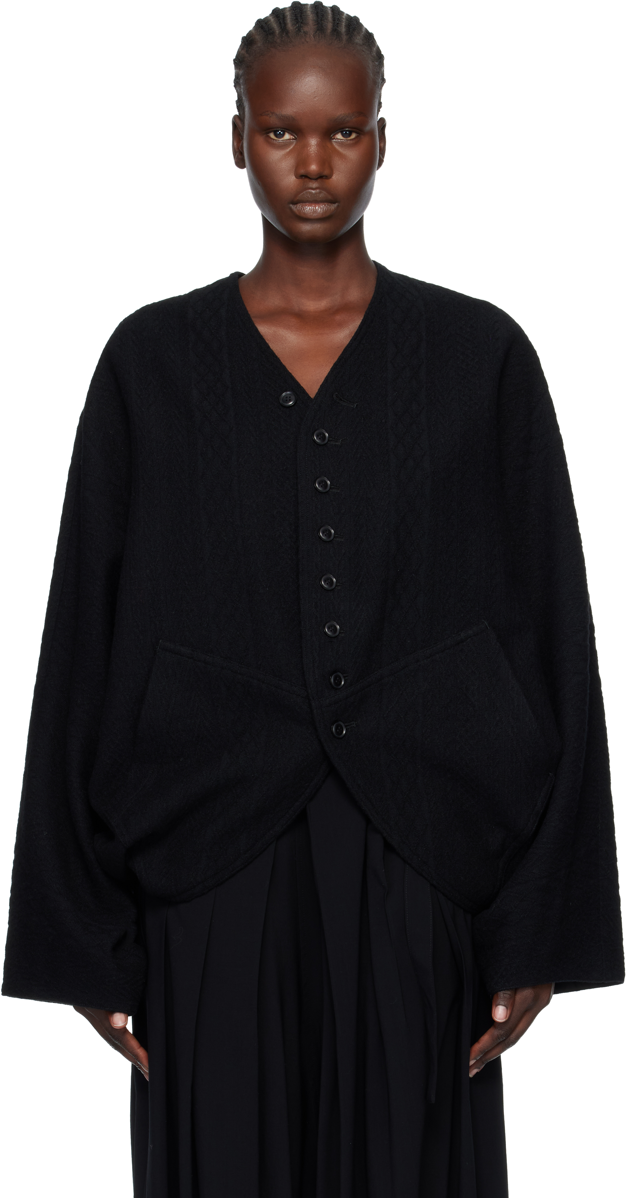 Y's Black Cable Jq Knit Dolman Sleeve Jacket In Black