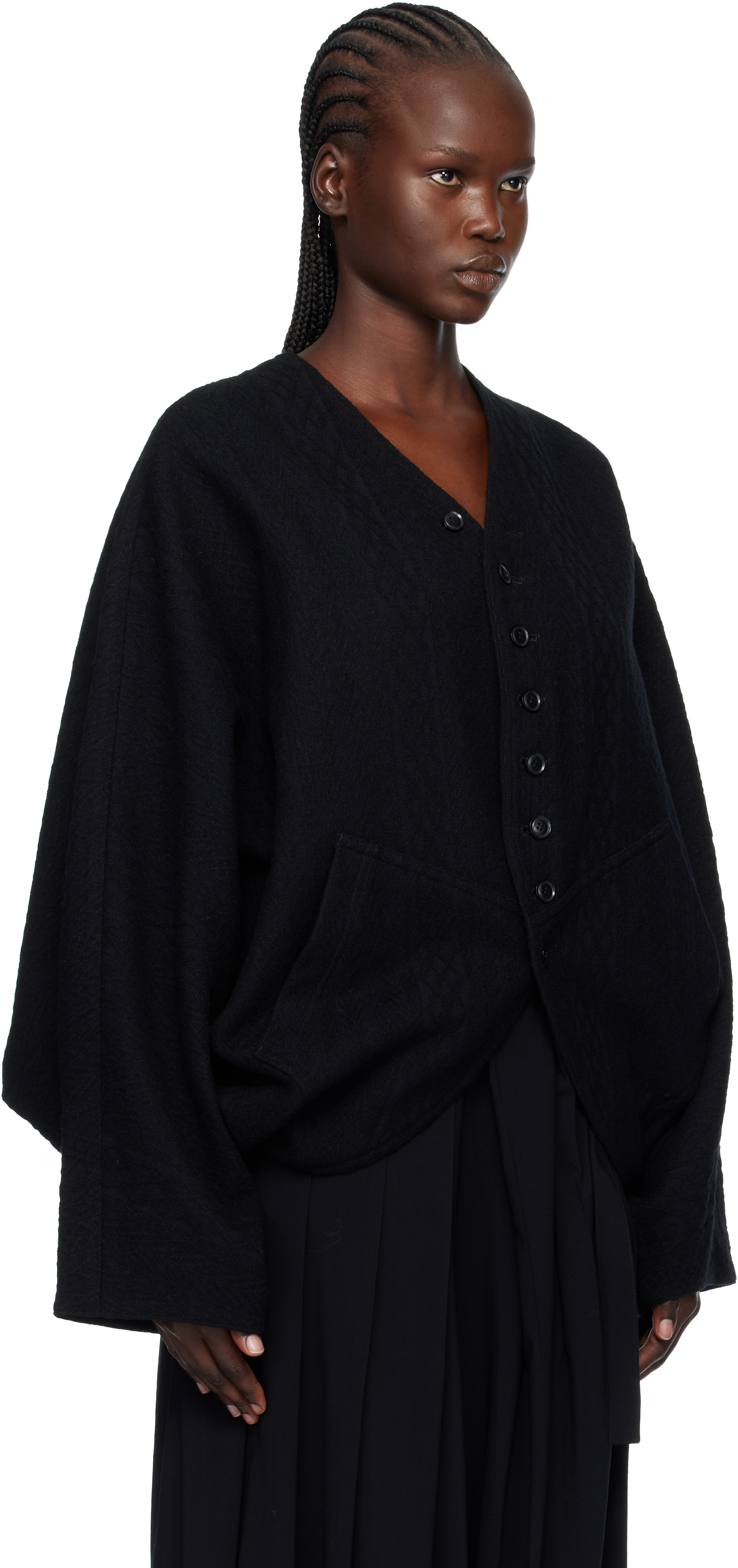 Y's Black Cable Jq Knit Dolman Sleeve Jacket In Black