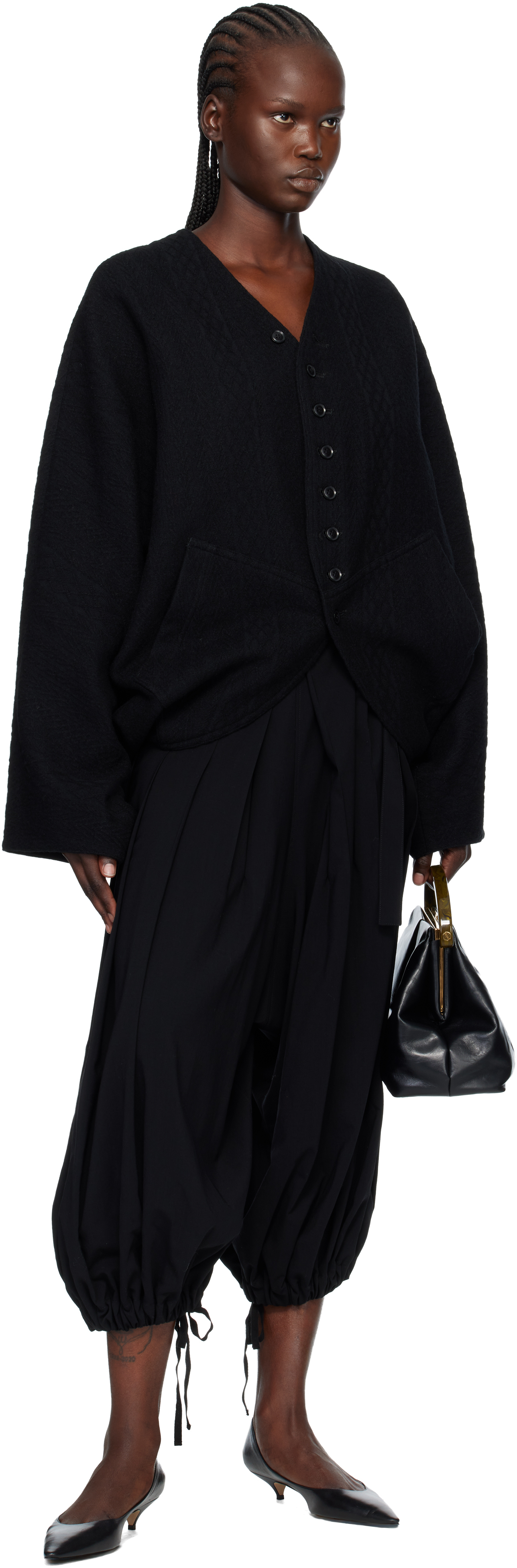 Y's Black Cable Jq Knit Dolman Sleeve Jacket In Black