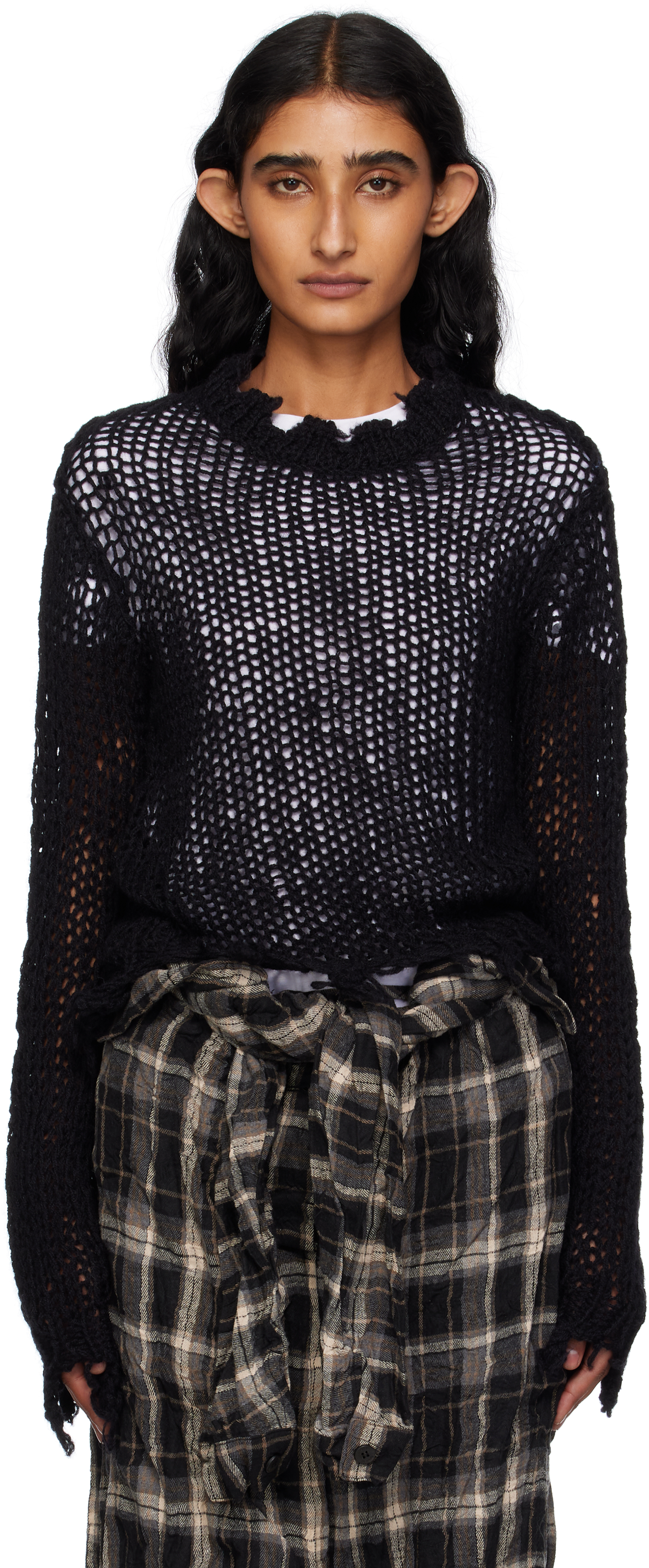 Open Yy Black Distressed Crop Knit Sweater