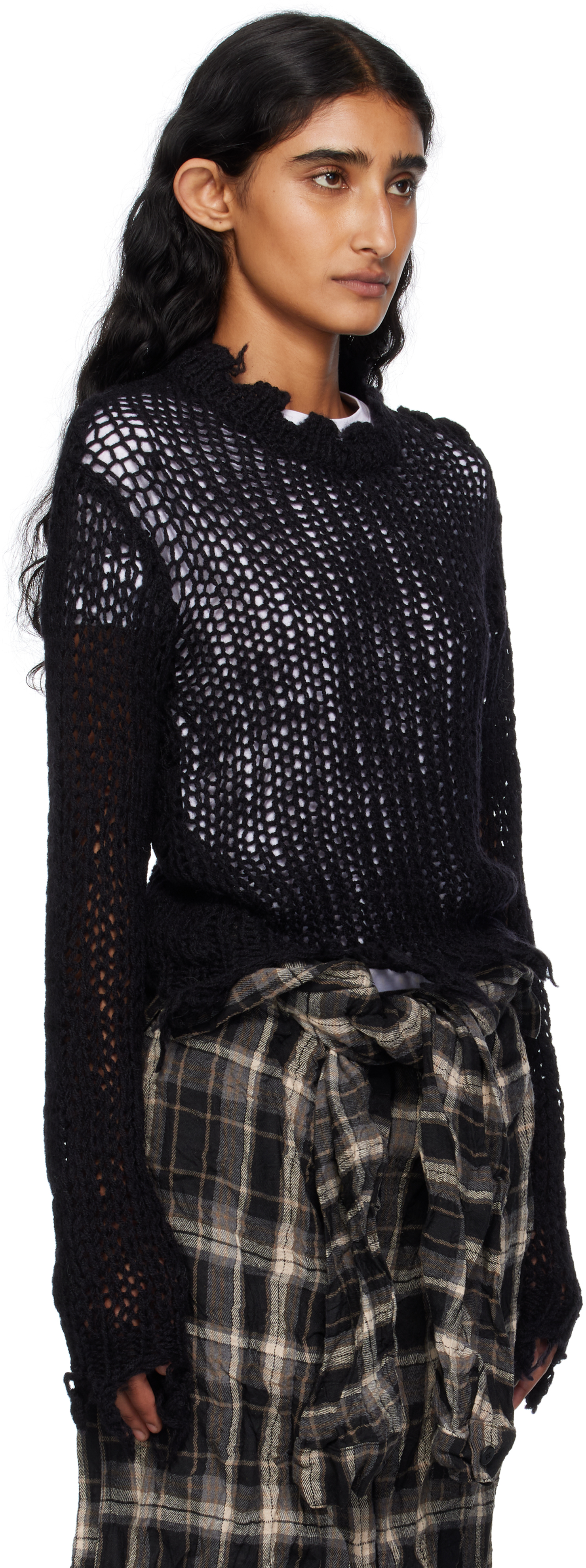 Open Yy Distressed Cropped Knitted Sweater In Black