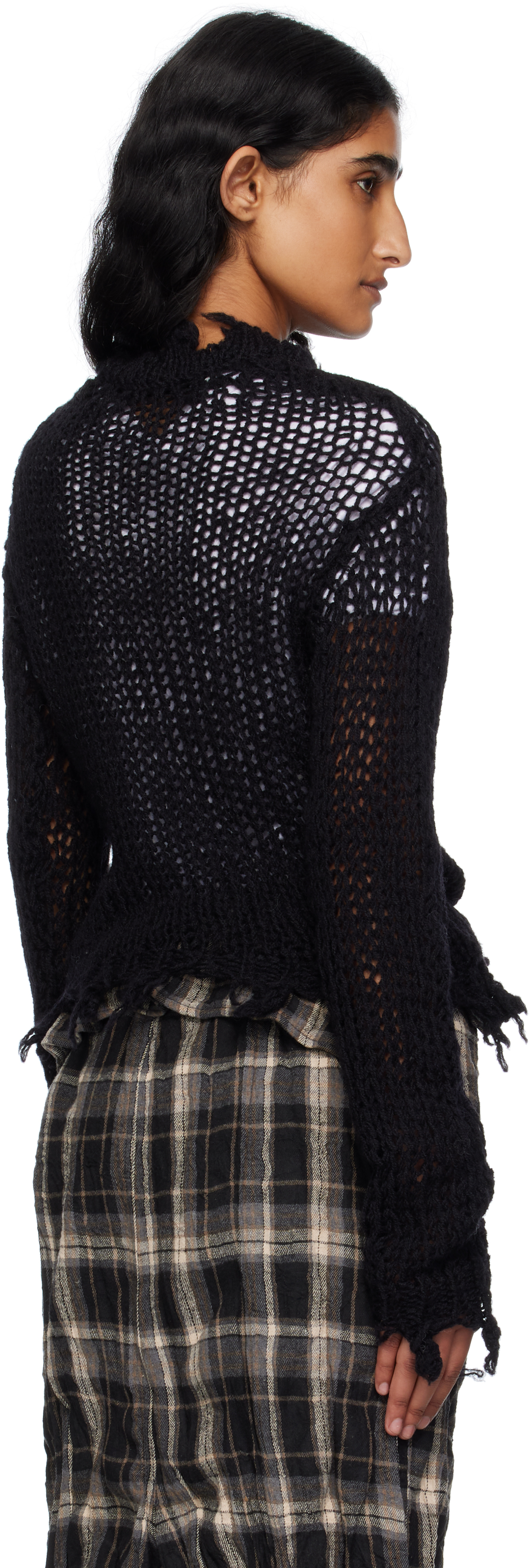 Open Yy Distressed Cropped Knitted Sweater In Black