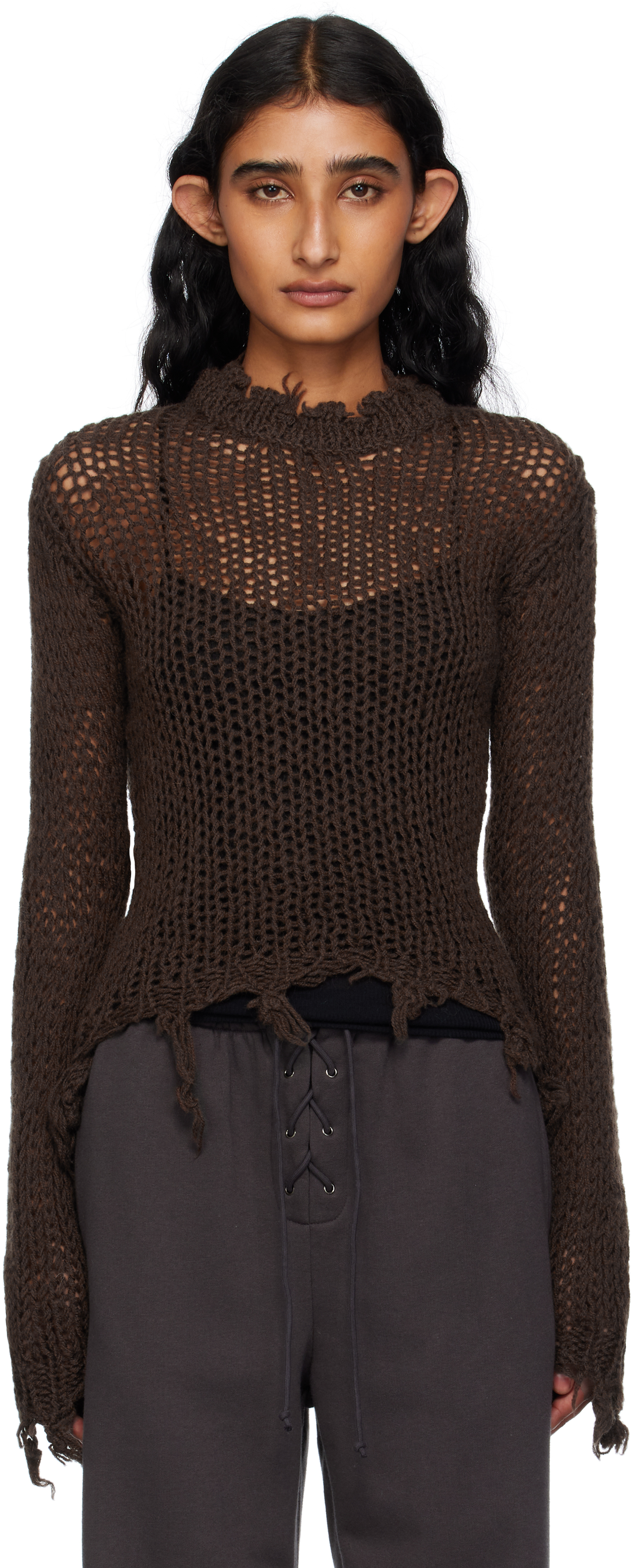 Open Yy Brown Distressed Crop Knit Sweater