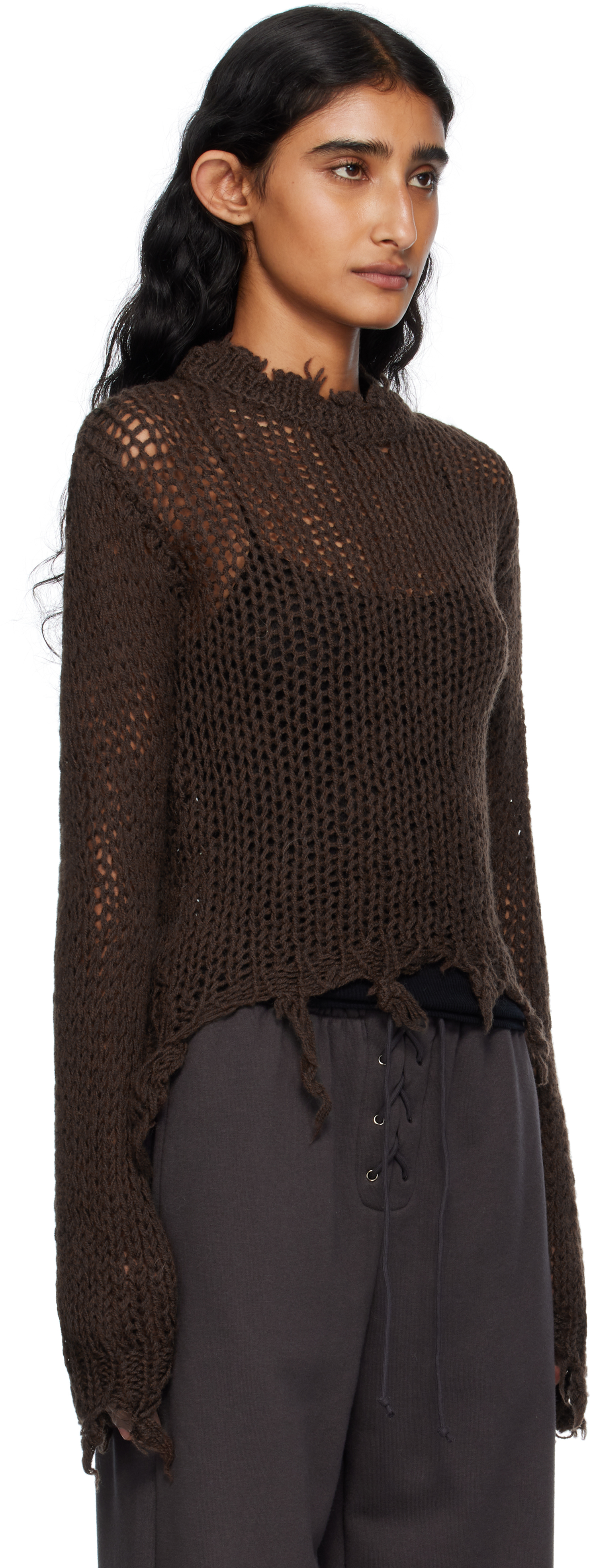 Open Yy Distressed Crop Knit Sweater In Brown