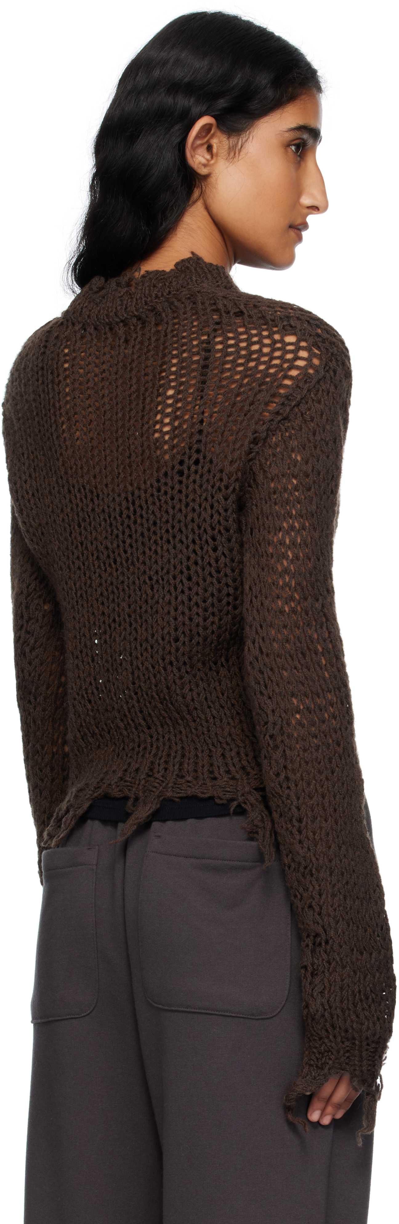 Open Yy Distressed Crop Knit Sweater In Brown