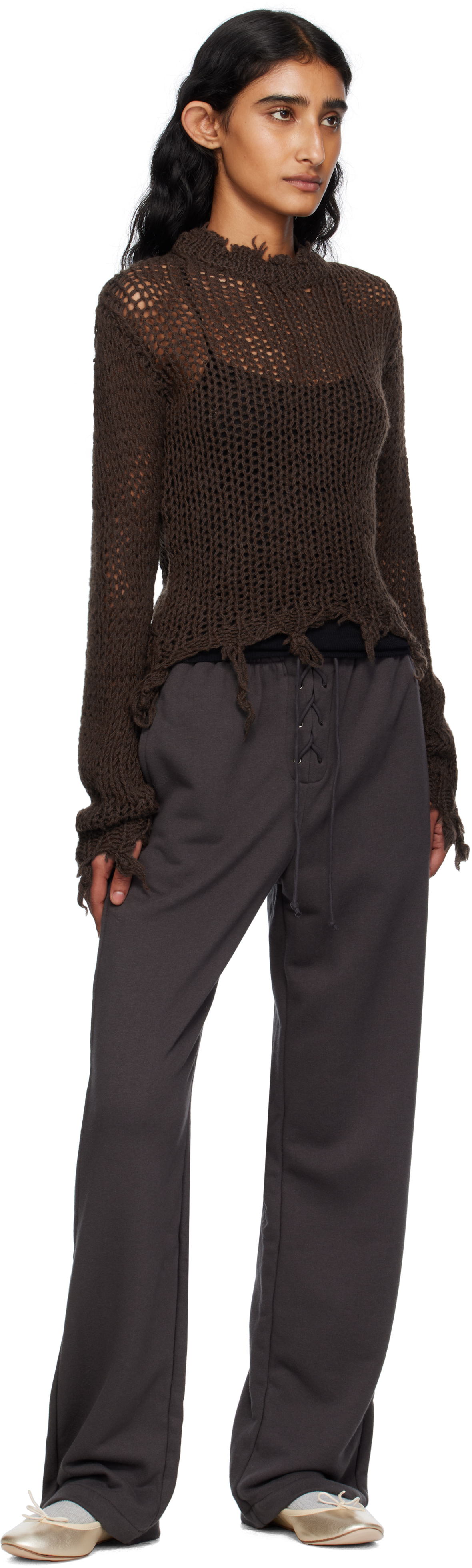 Open Yy Distressed Crop Knit Sweater In Brown