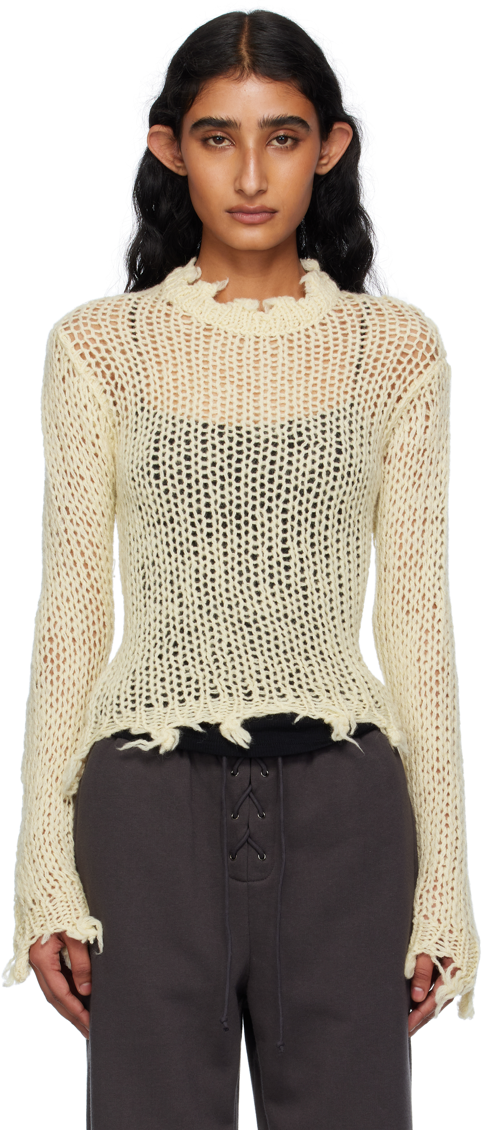 Open Yy Beige Distressed Crop Knit Sweater In White
