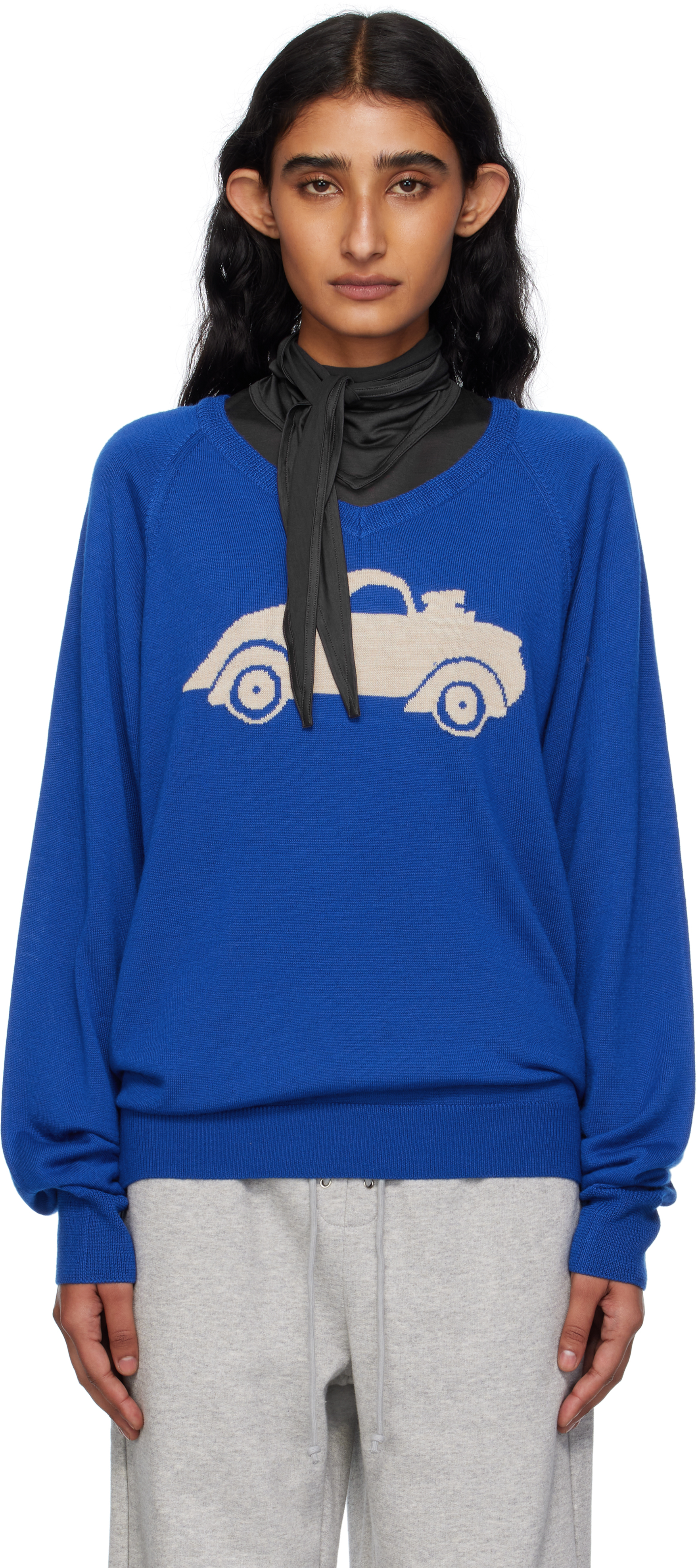 Open Yy Blue Car Graphic Knit Sweater