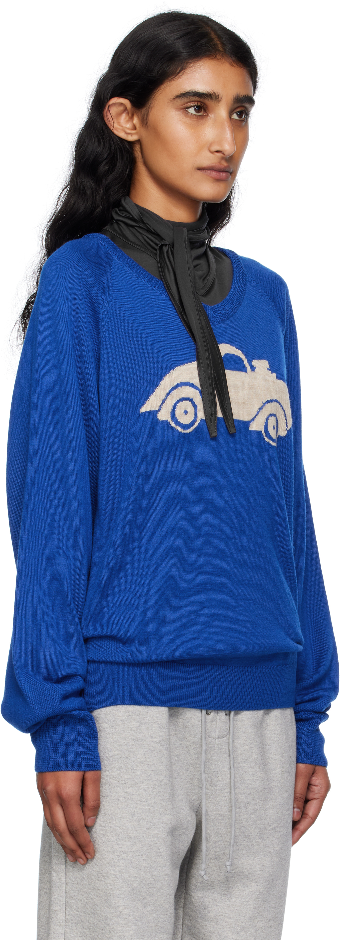 Open Yy Blue Car Graphic Knit Sweater In Blue
