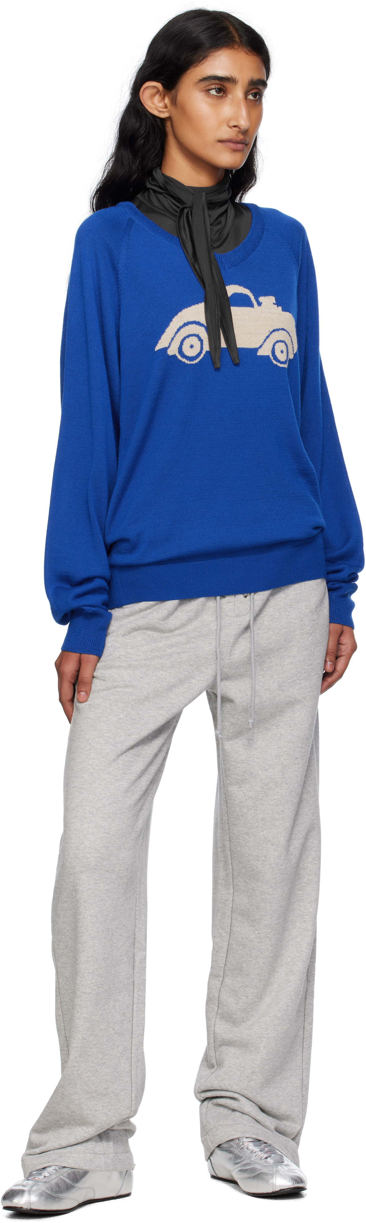 Open Yy Blue Car Graphic Knit Sweater In Blue