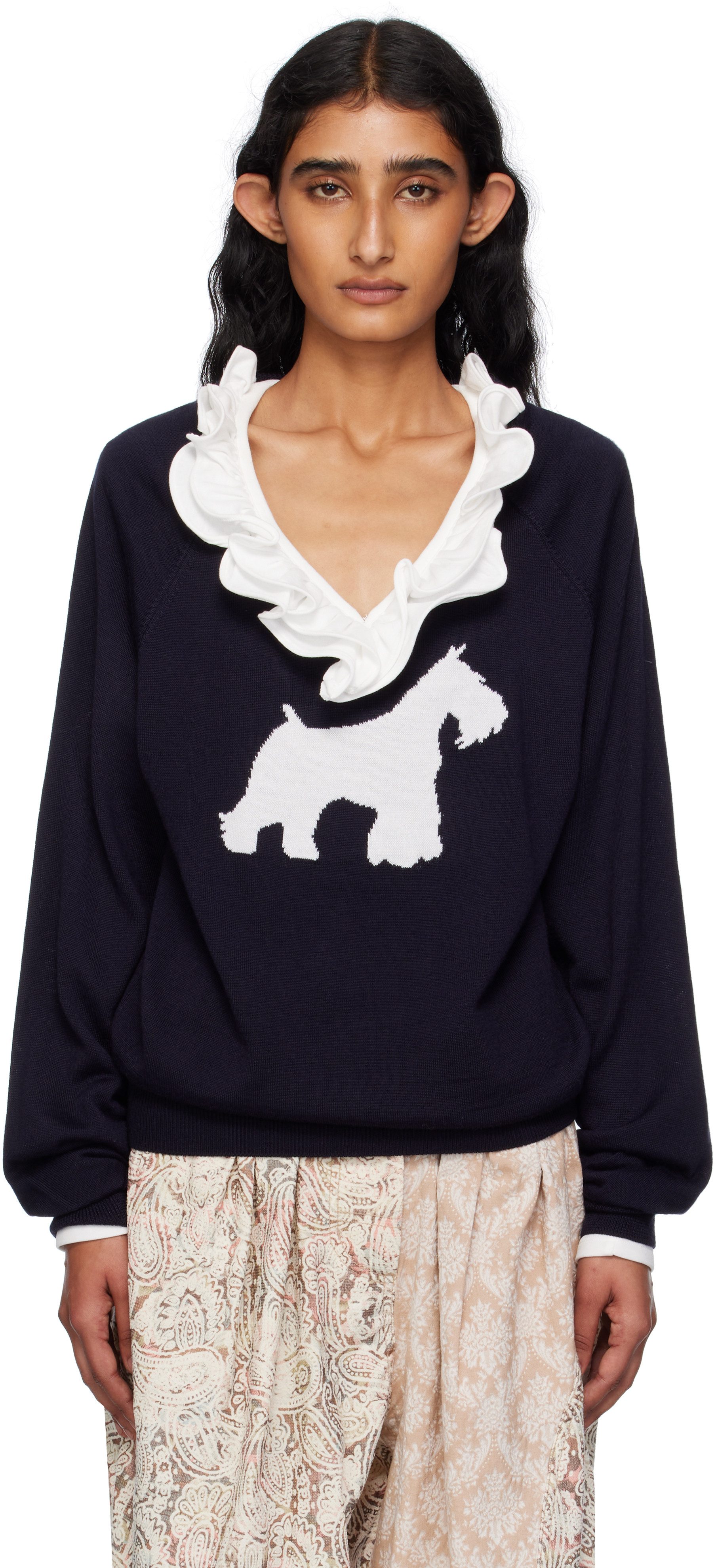 Open Yy Navy Dog Graphic Knit Sweater In Blue