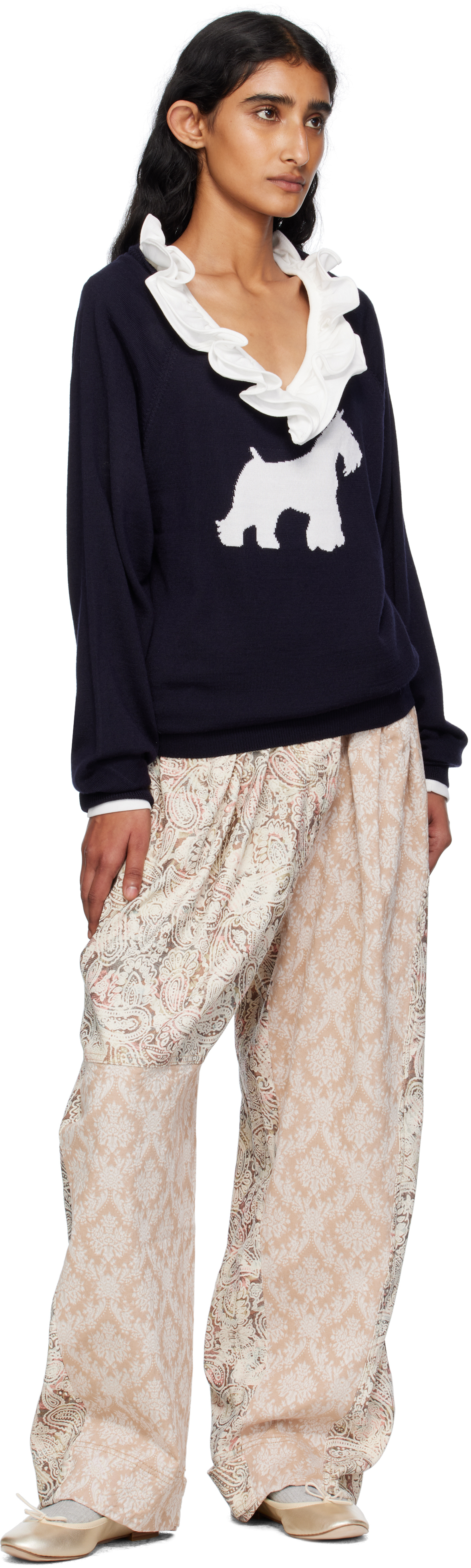 Open Yy Navy Dog Graphic Knit Sweater In Black