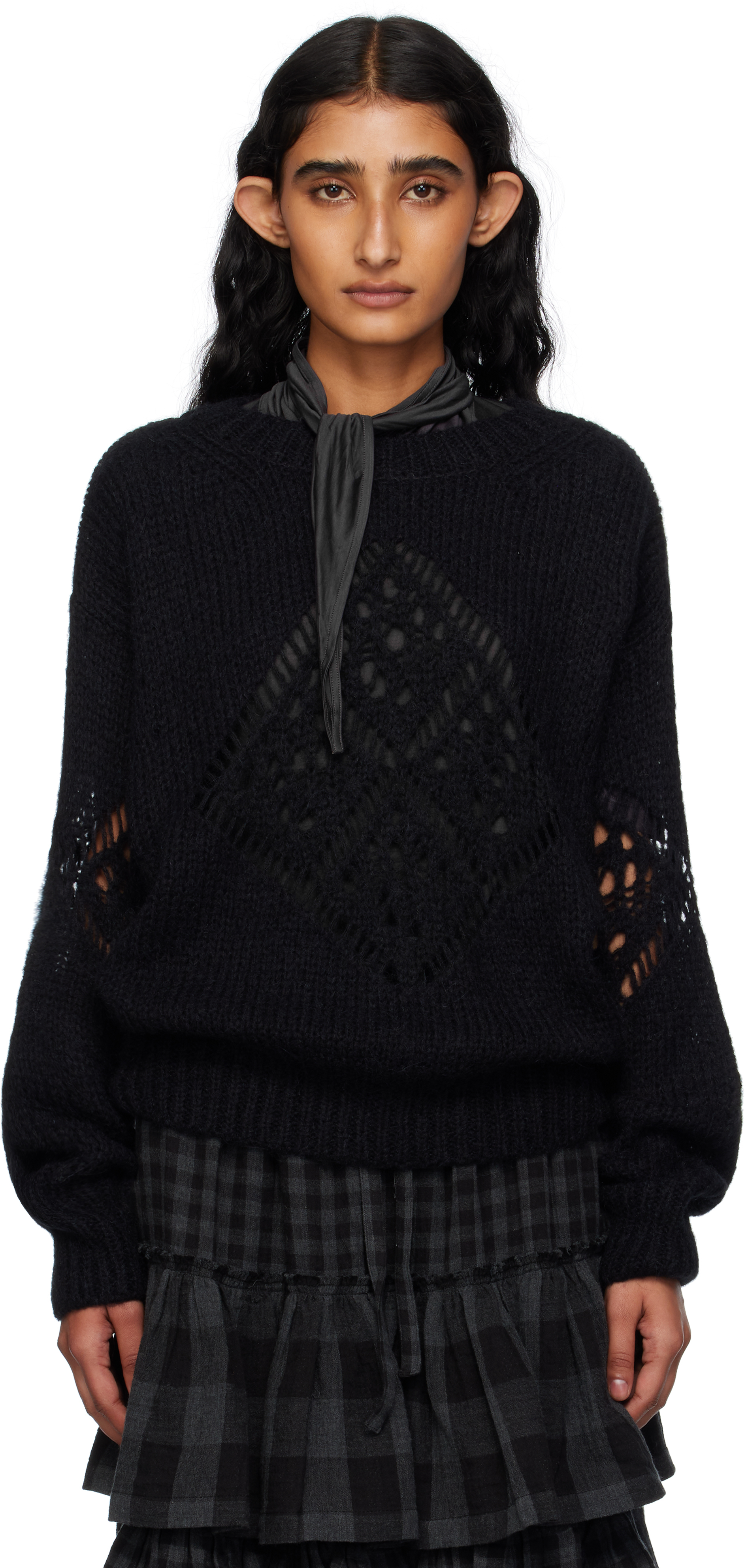 Open Yy Black Alpaca Argyle Pointelle Sweater