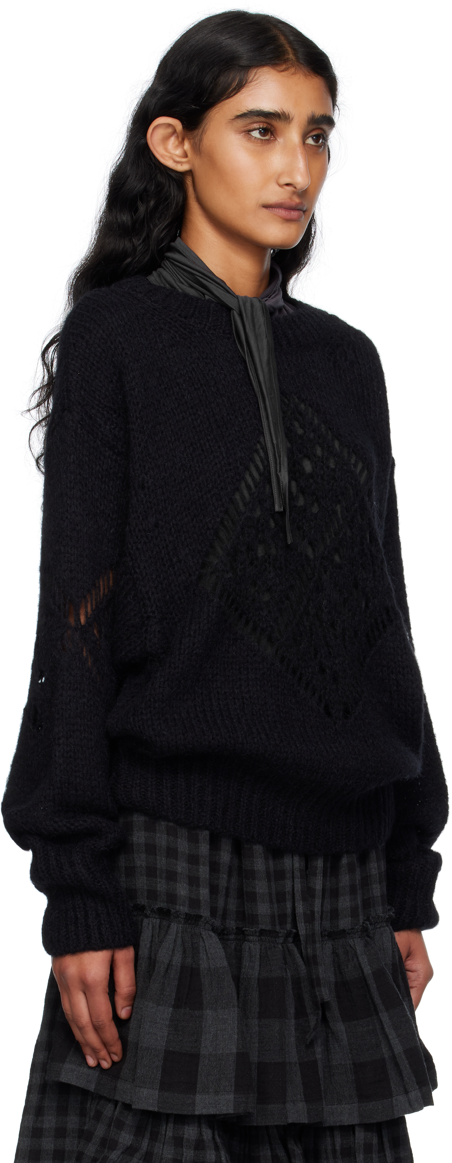 Open Yy Alpaca Argyle Pointelle Sweater In Black