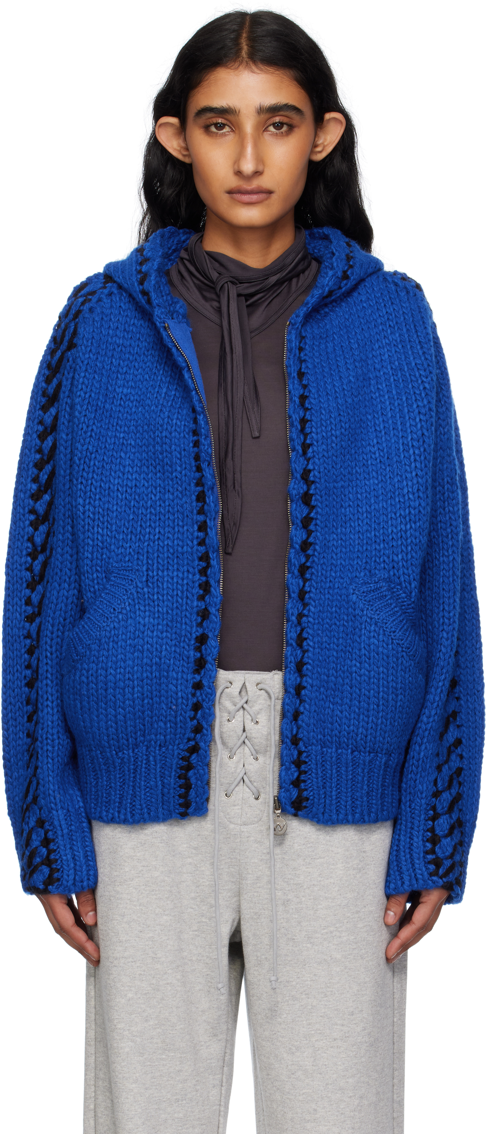 Open Yy Blue Stitch Zip Up Knit Hoodie