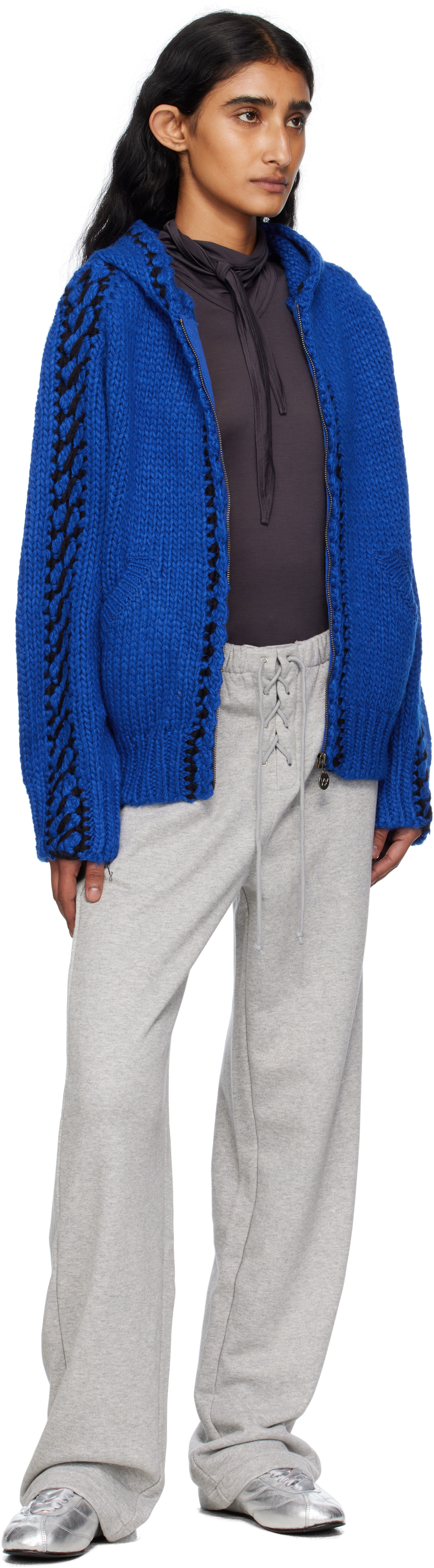 Open Yy Blue Stitch Zip Up Knit Hoodie In Blue