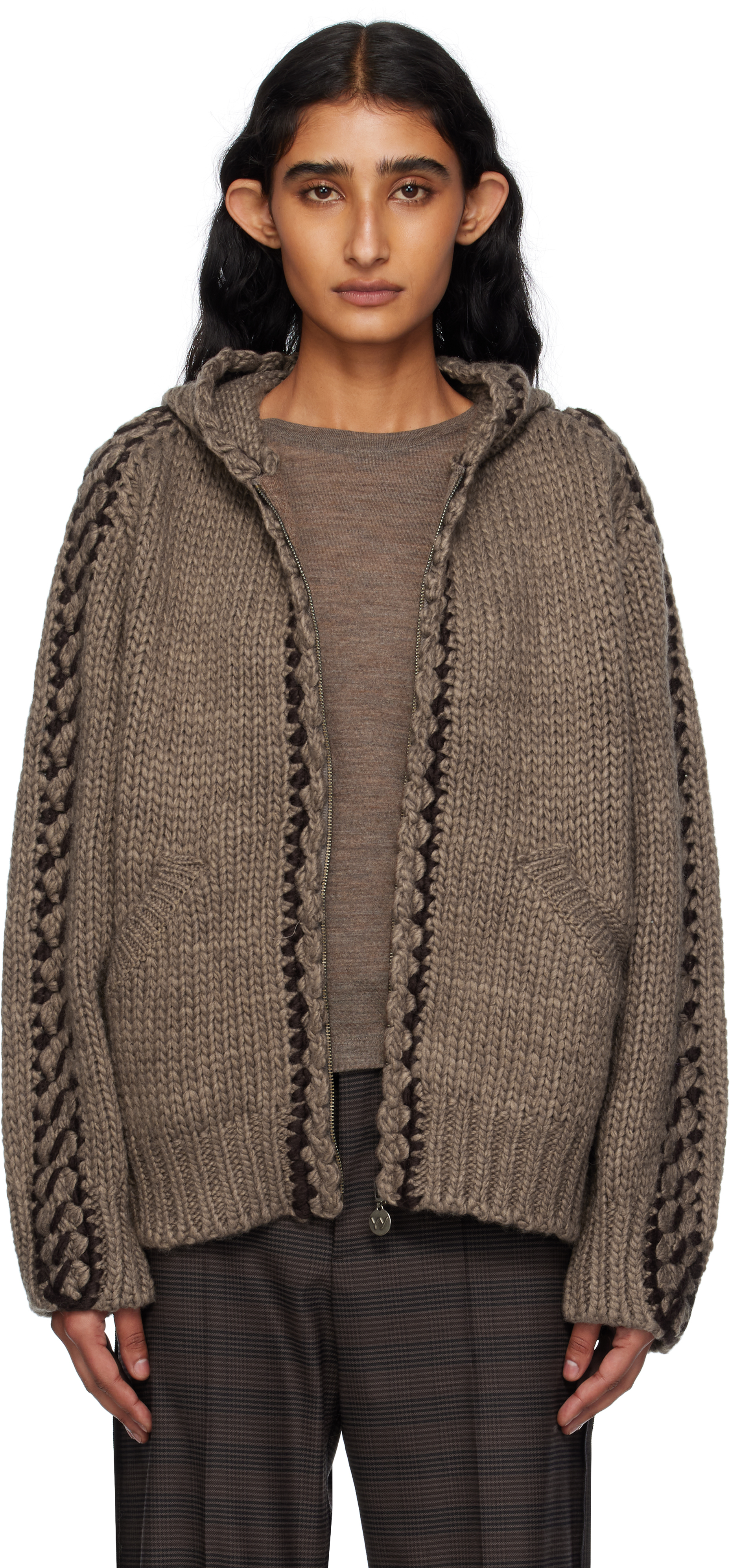 Open Yy Brown Stitch Zip Up Knit Hoodie